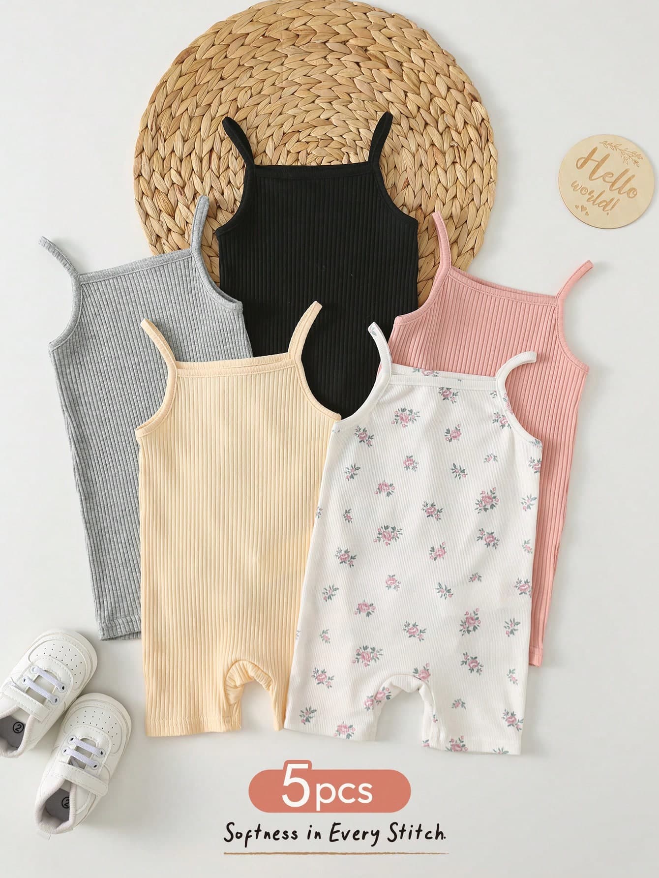 Cozy Pixies 5pcs/Set Baby Girl White With Black Polka Dots,Summer,Casual,Family Matching Solid Color & Ditsy Floral Knitted Romper Shorts Gender Neutral Cami