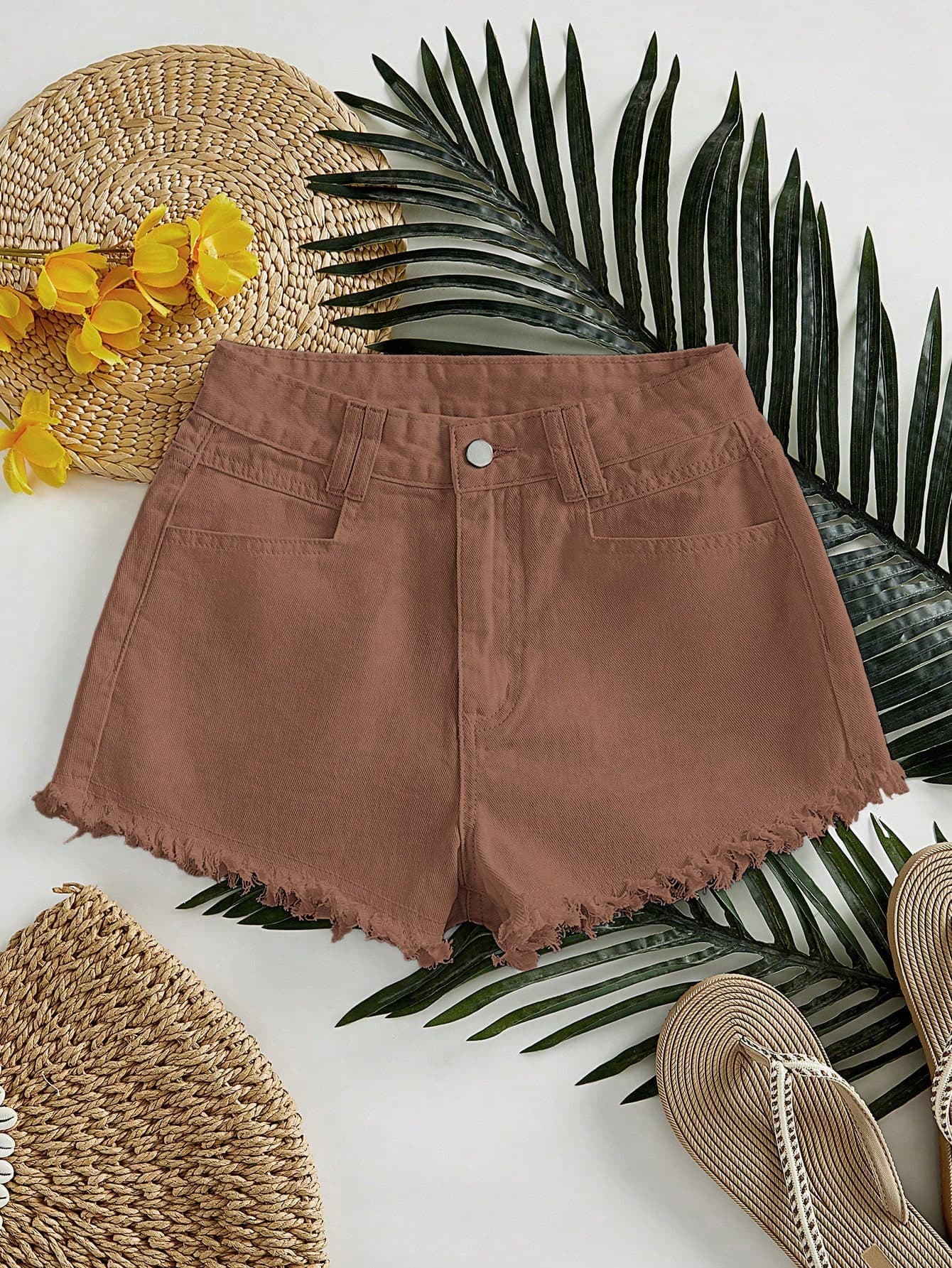 SHEIN Essnce Women's Casual Everyday Denim Shorts With Pockets And Button Closure