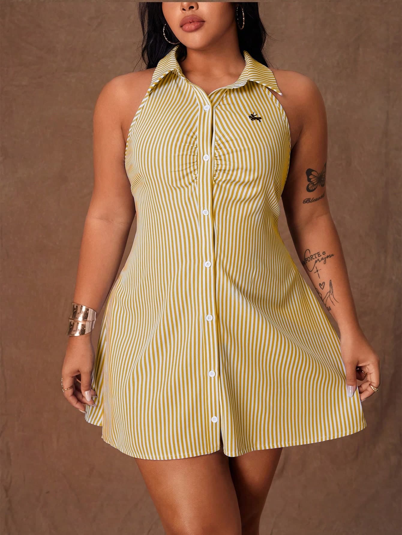 Rustia Plus Size Women Striped Single-Breasted Casual Sleeveless Shirt Dress