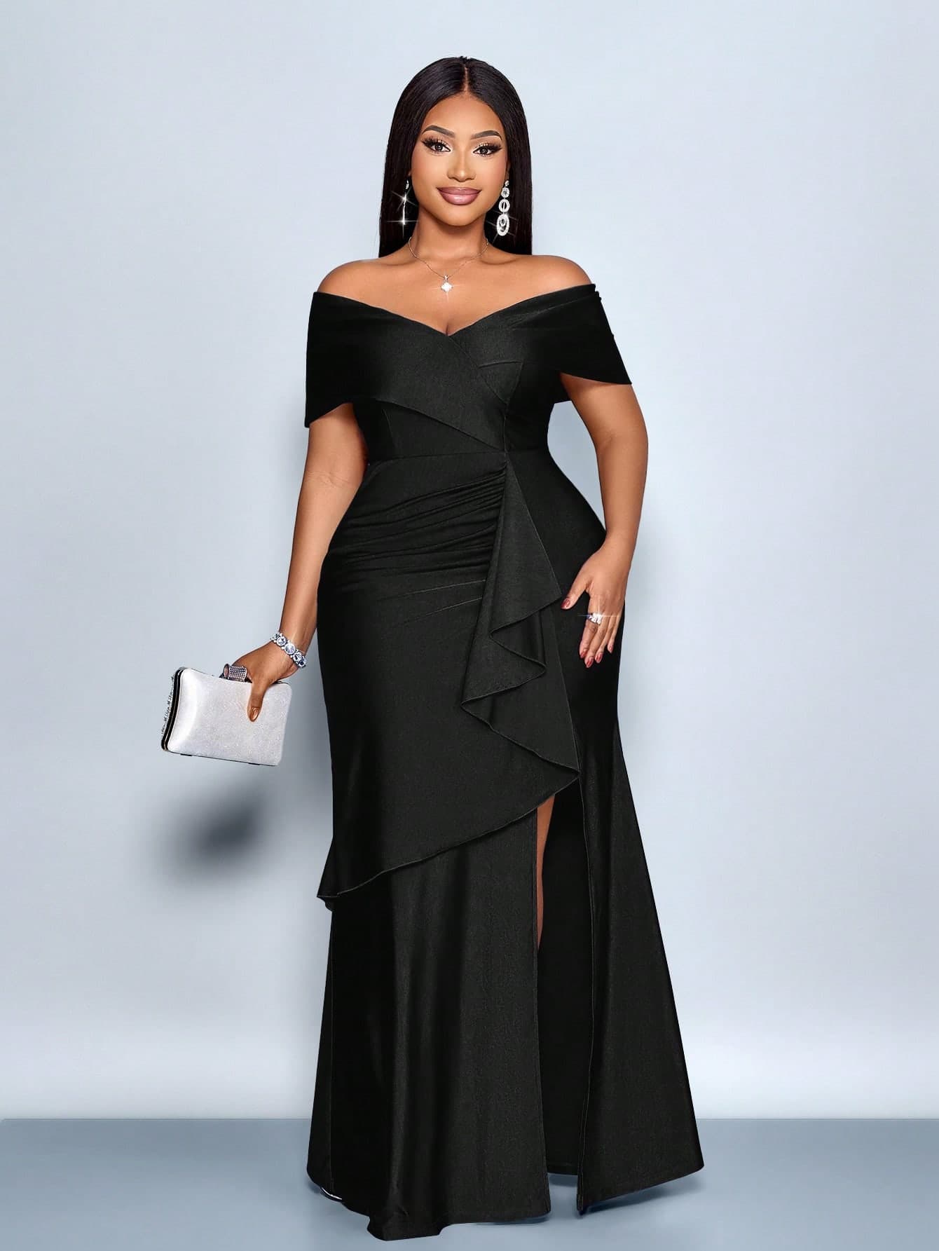 SOLERSUN Plus Size Women's Elegant Formal Evening Wedding Dress,Winter Off-Shoulder Ruffle Trim Hem Black Maxi Dress,Luxury Party Wedding Guest Dress