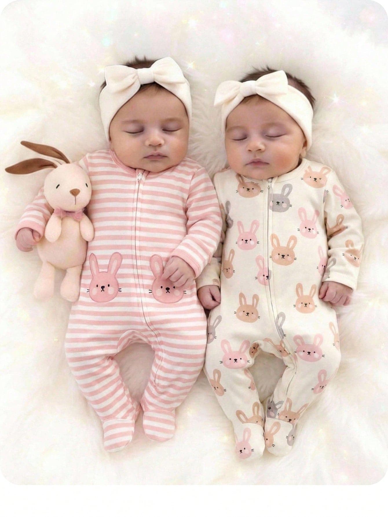 White,Summer,Cute,Family Matching,Home Wear Newborn Toddler Girls Knitted Cartoon Rabbit Animal Print Striped Long-Sleeved Rompers,2-Piece Set