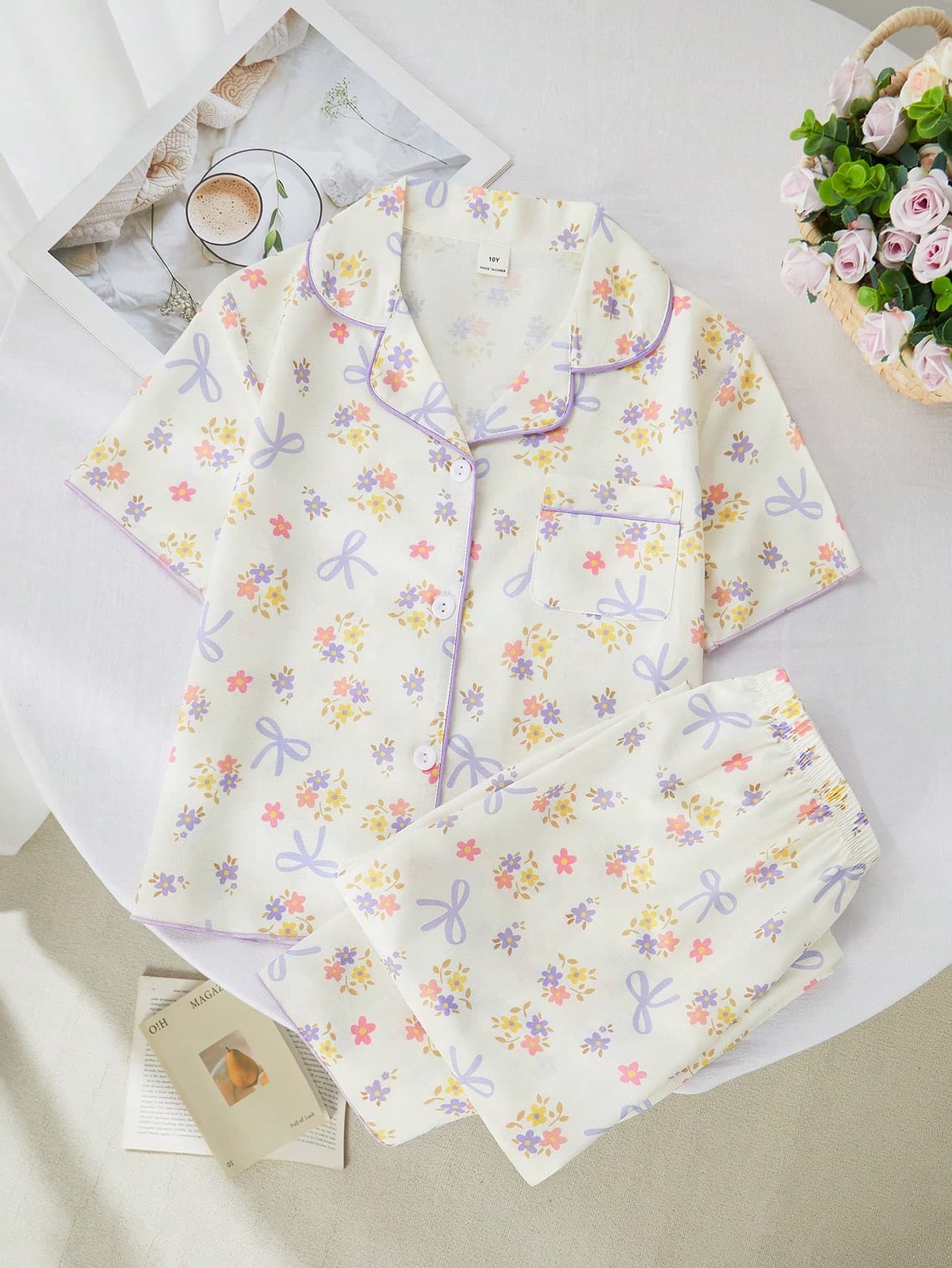SHEIN Cute Tween Girl's Beige Summer Pajama Set,Multicolor Plant Pattern Sleepwear,Short Sleeve Lapel Top,Long Pants With Pockets,Home Wear Bow Sleep Set
