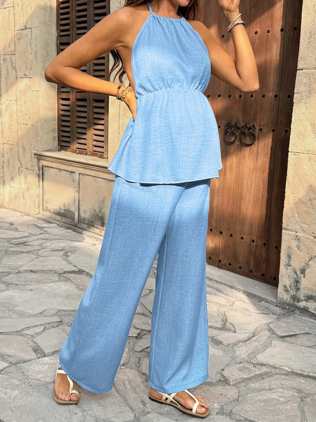 Lyckli 2pcs Maternity Vacation Outfit,Sky Blue Summer Elegant Beach Holiday Ruffle Hem Halter Top And Adjustable Waist Pants Casual Women Comfortable Set