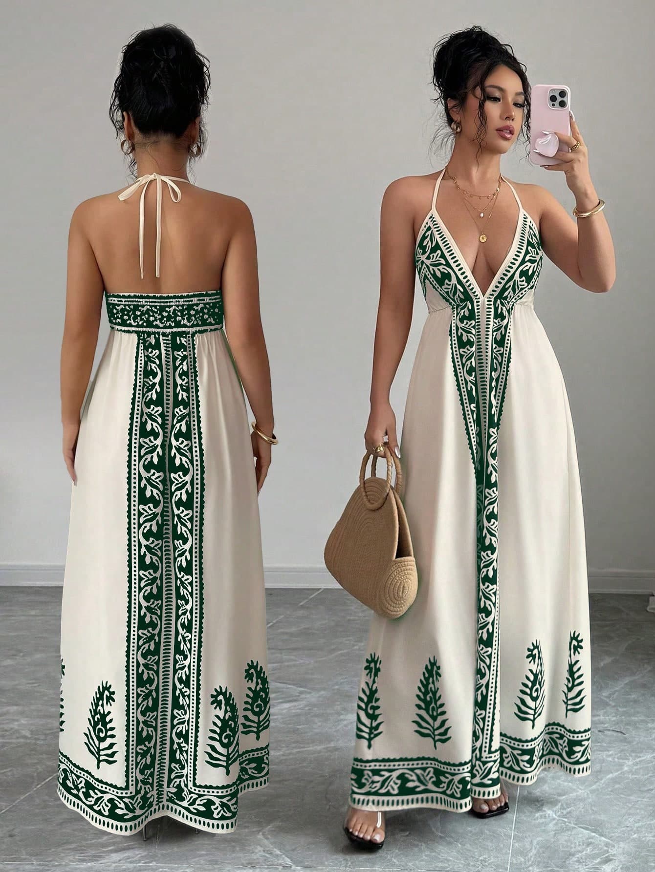 Rafferiza Green Floral Print Deep V-Neck Boho Maxi Dress Women,Summer Tropical Vacation Beach Holiday,Elegant Bohemian Long Sundress Party Outfits