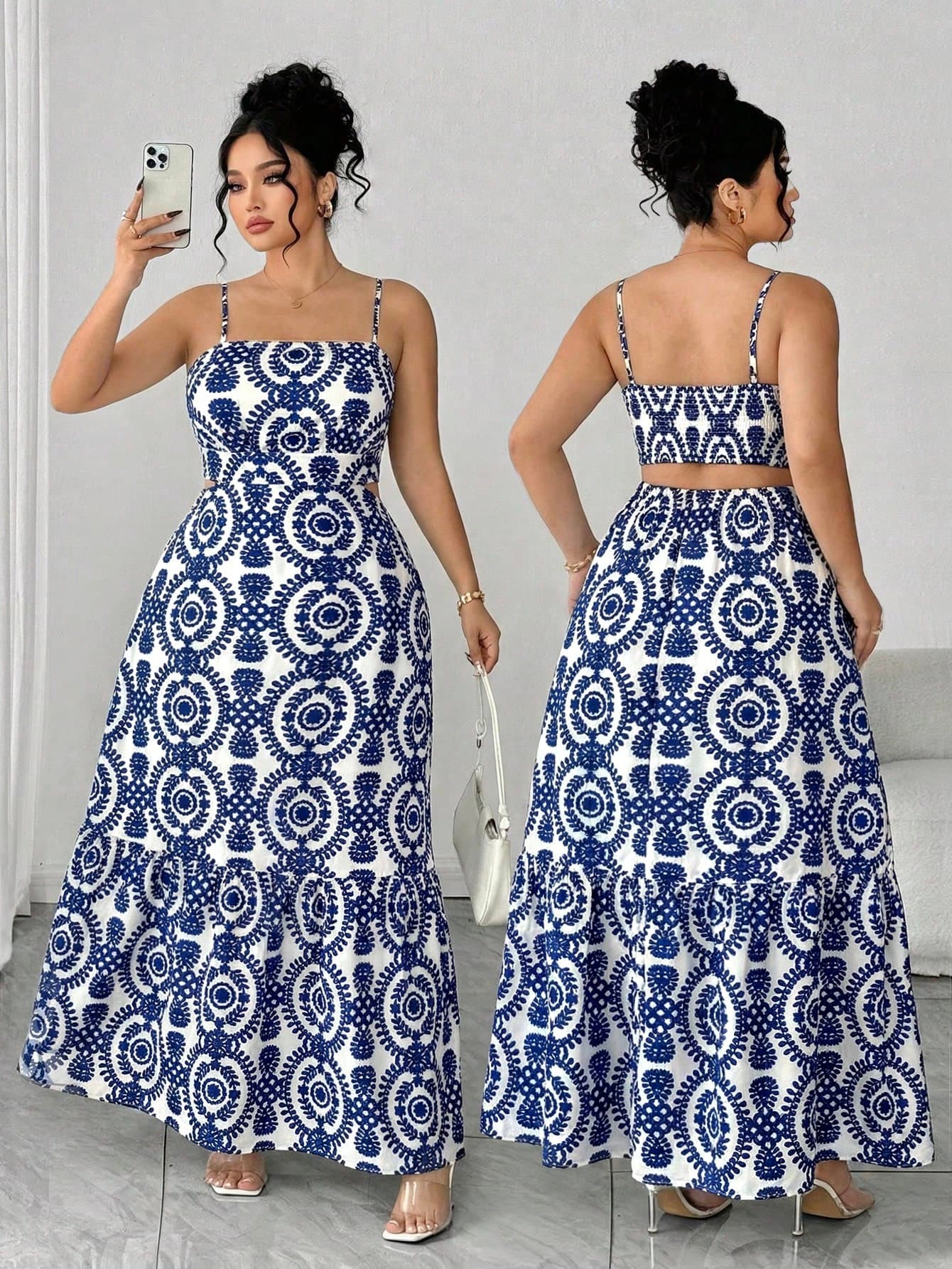 Elenzga Plus Size Women's Elegant Blue And White Summer Boho Vacation Holiday Spaghetti Strap Ruched A-Line Dress,Leaf Print Long Skirt For Parties