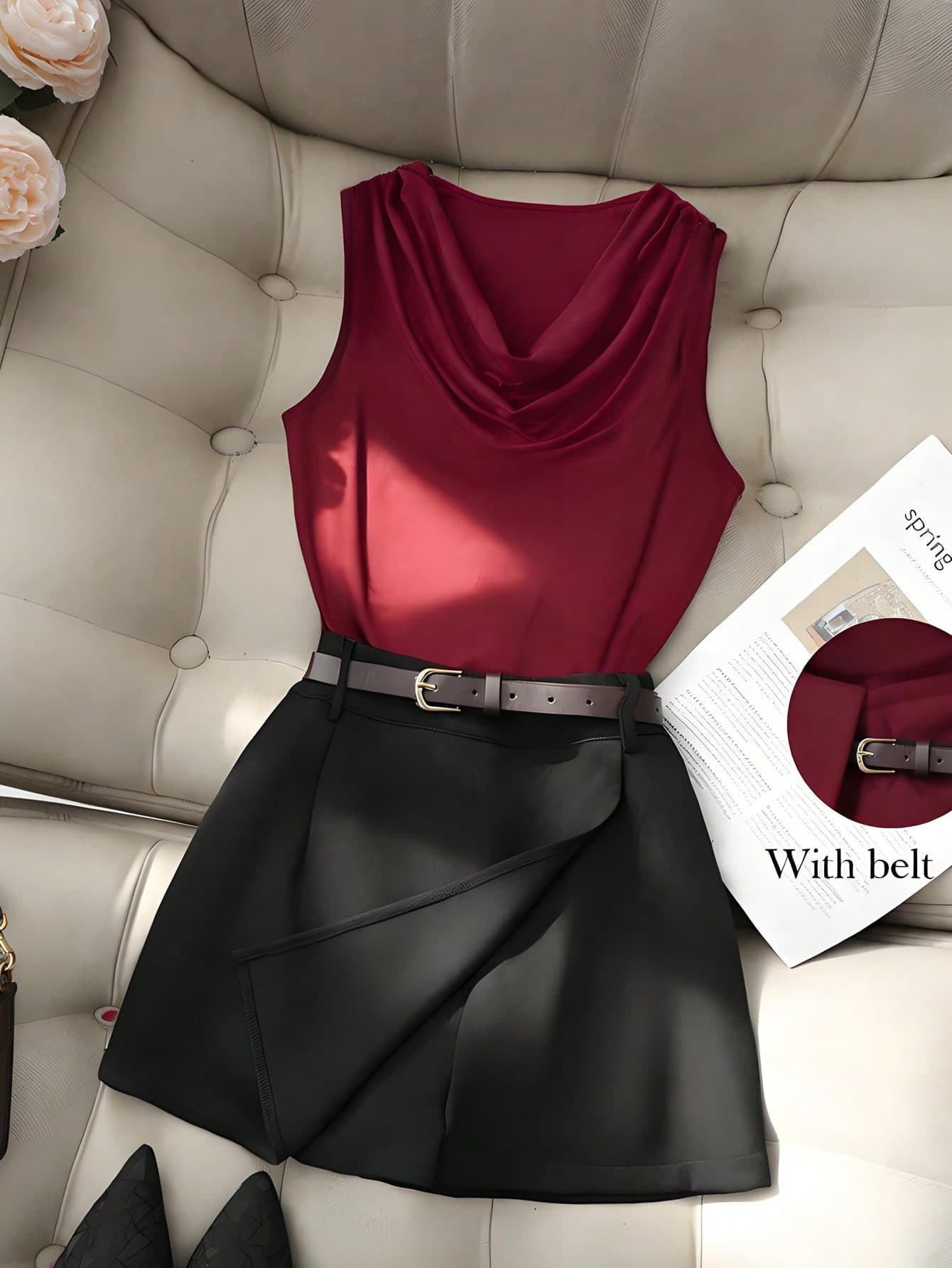 Franclia Elegant Sleeveless Burgundy Top With Black Shorts/Skort Women's Spring/Summer Casual Office 2 Pieces Suit