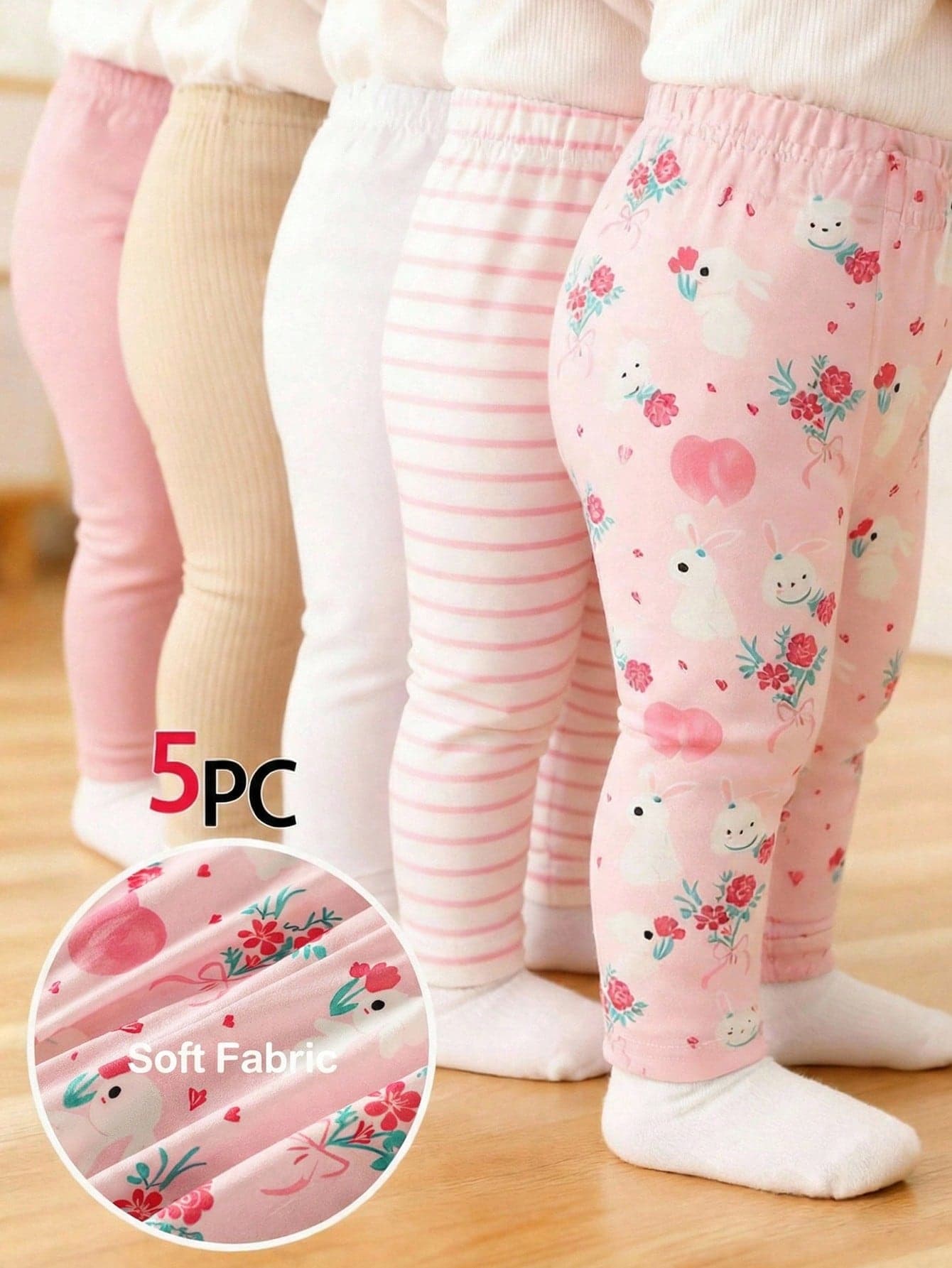SHEIN 5pcs Newborn Baby Girls' Leggings Gift Set,Soft & Comfortable Cartoon Print,Pink Striped,Solid White & Yellow Infant Trousers,Spring Multi Pack Pants