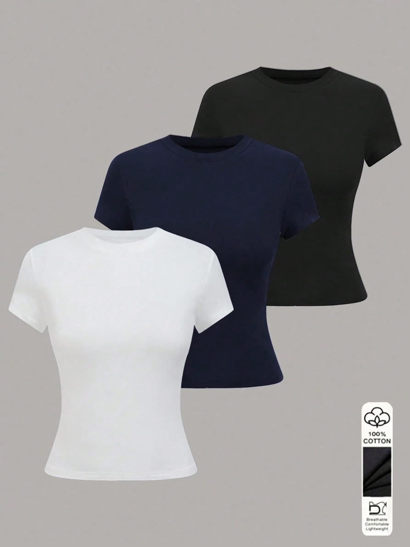 Franclia Women's Solid Color Round Neck Short Sleeve Fitted Casual T-Shirt
