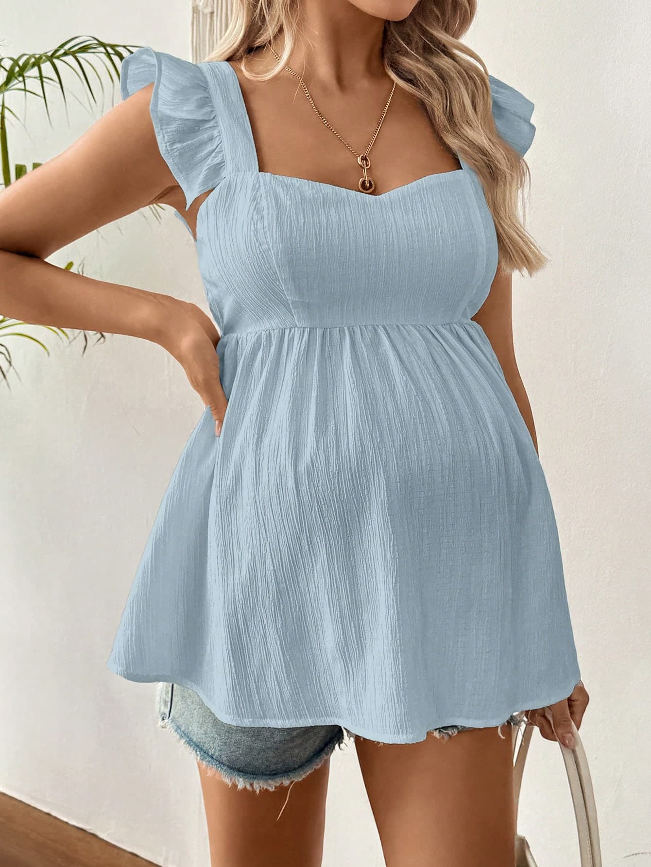 SHEIN Maternity Summer Casual Solid Color Textured Ruffle Trim Shirt