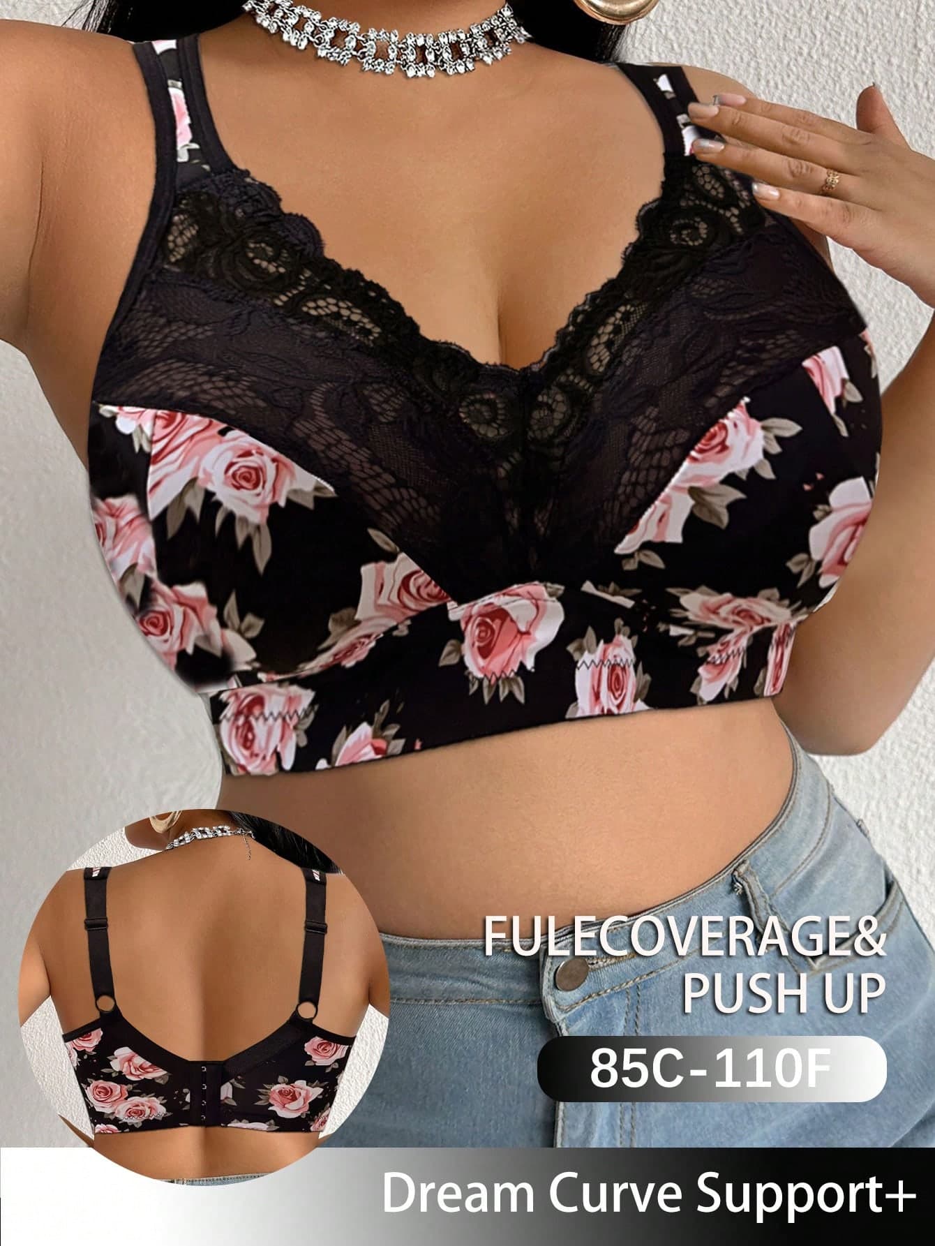 DesireSculpt 1pc Plus Size Lace Patchwork Wireless Bra