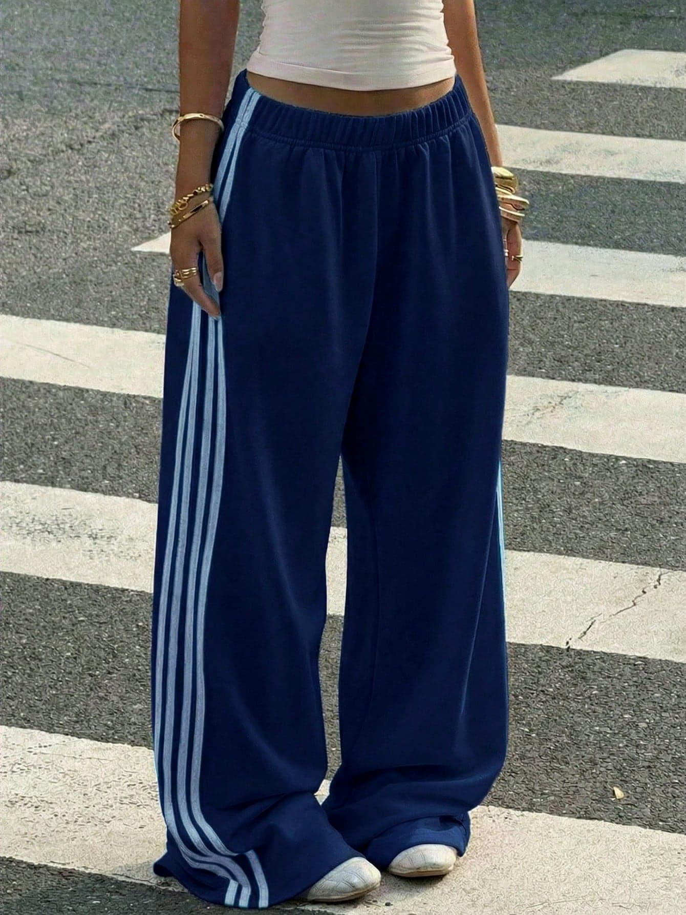 Muchica Women's Blue Knit Patchwork Striped Wide Leg Casual Sweatpants  Loose Pants,Vacation Pants