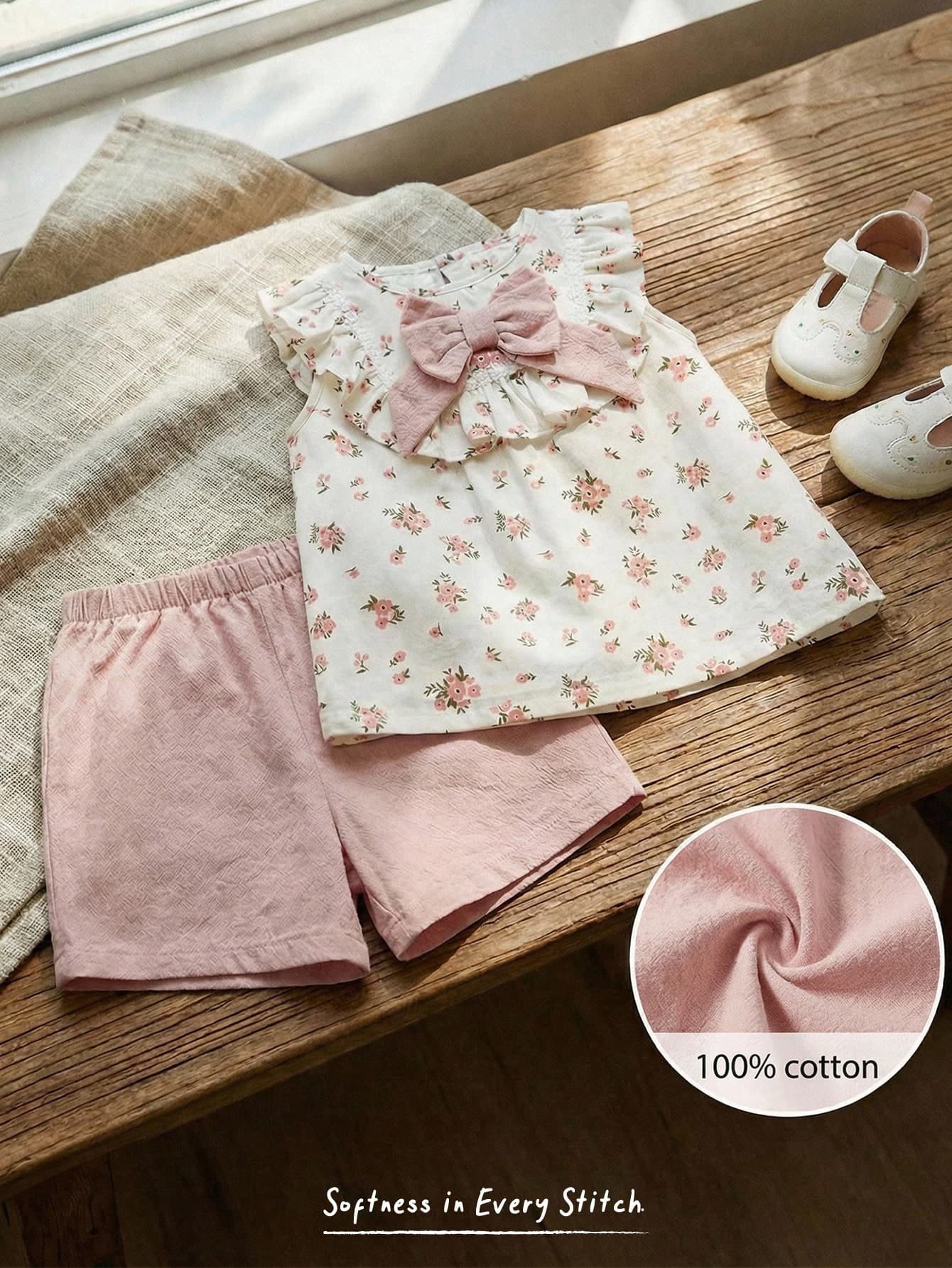 Cozy Pixies Baby Girl Ditsy Floral Bow Front Ruffle Trim Top & Shorts, Baby Girl