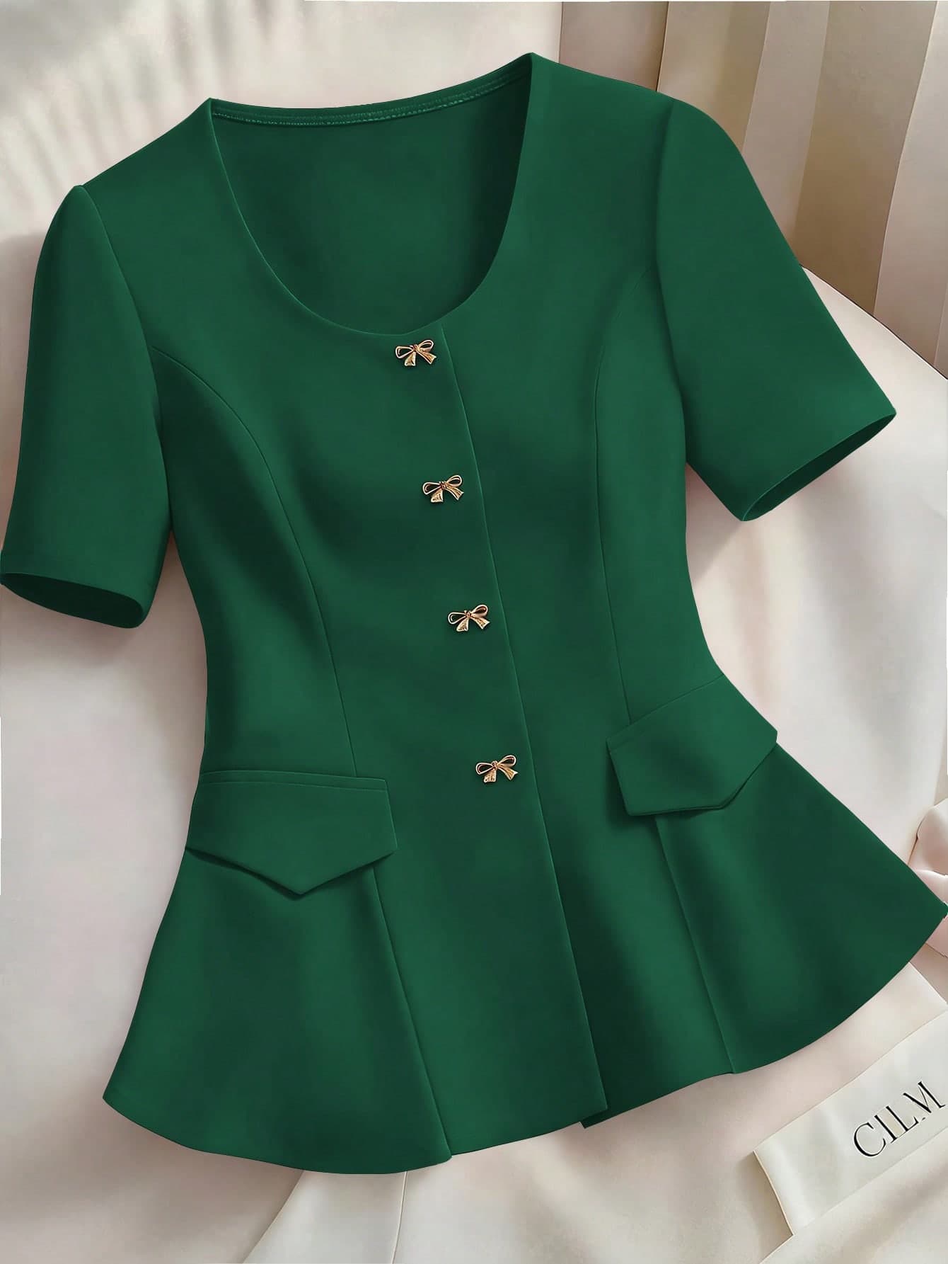 GlowEve CURVE Dark Green Plus Size Elegant Woven Fabric Round Neck Blouse With Short Sleeves And Flared Ruffle Hem