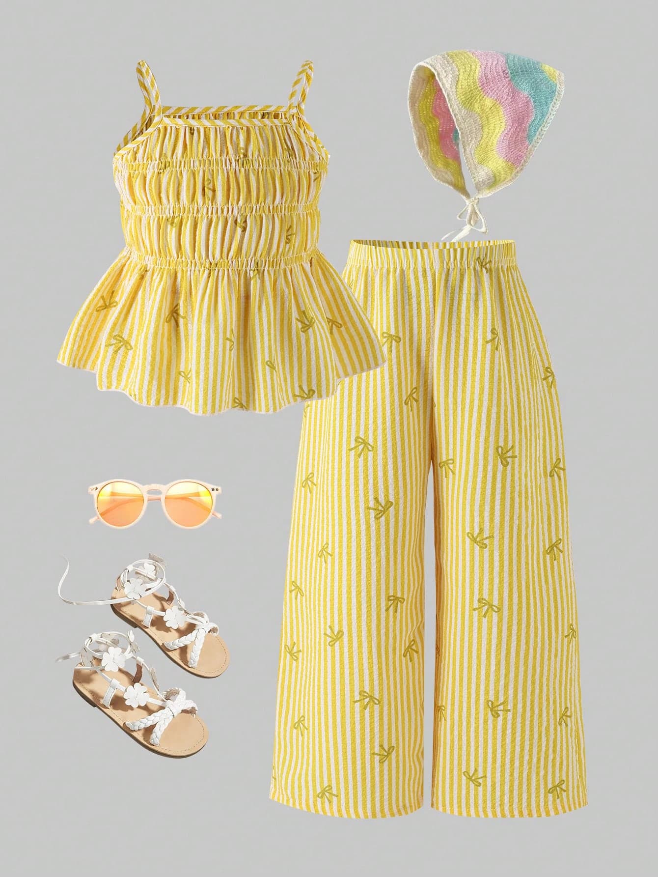 Souflis Souflis Young Girl'Cute Striped Bow Print Camisole And Flowy Wide Leg Pants Set,Summer Matching Family Vacation Resort Outfits For Girls Yellow Clothes Set