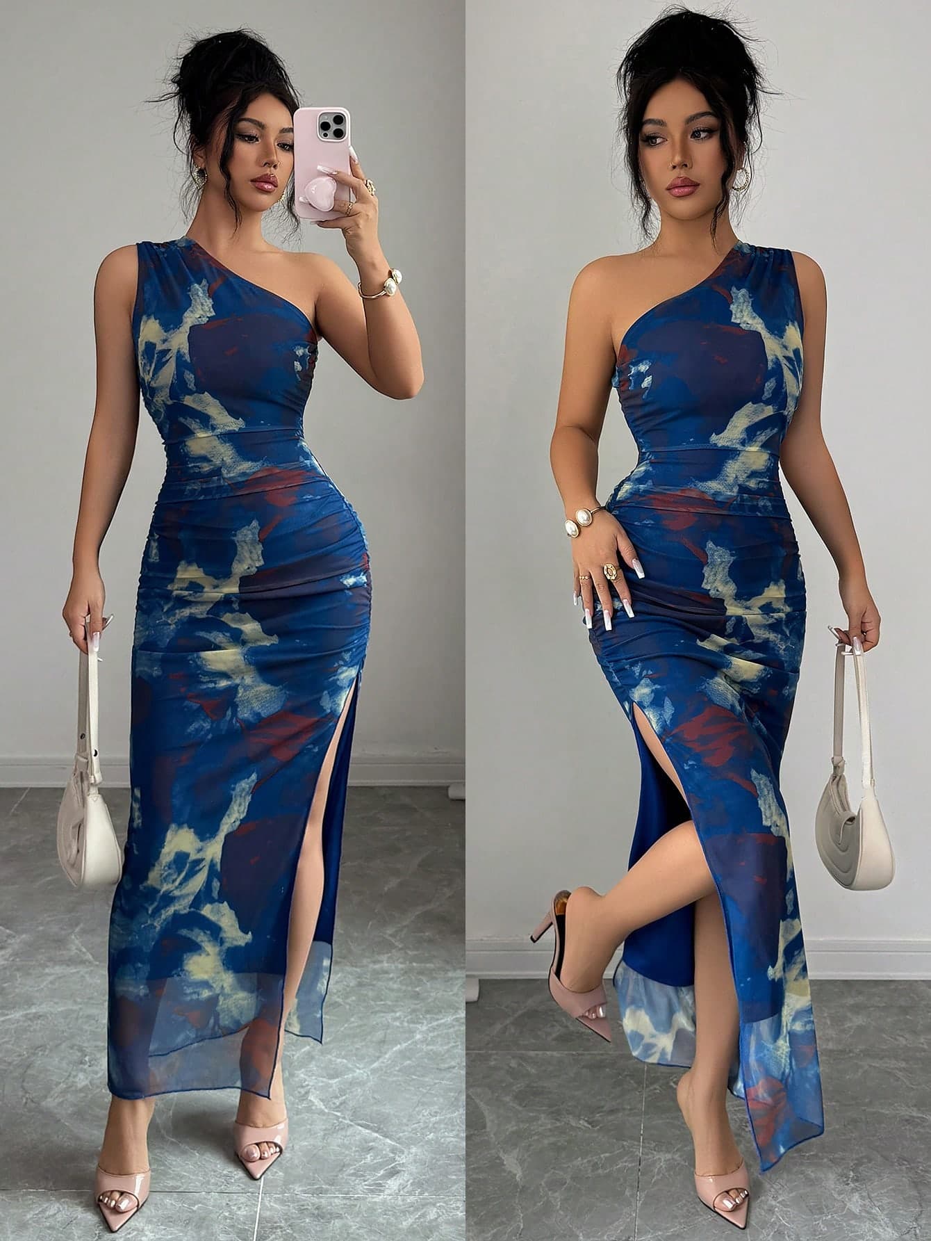 Elenzga Women's Luxury Evening Dress, Tie-Dye Print Asymmetric Neckline Sleeveless Sexy Dress