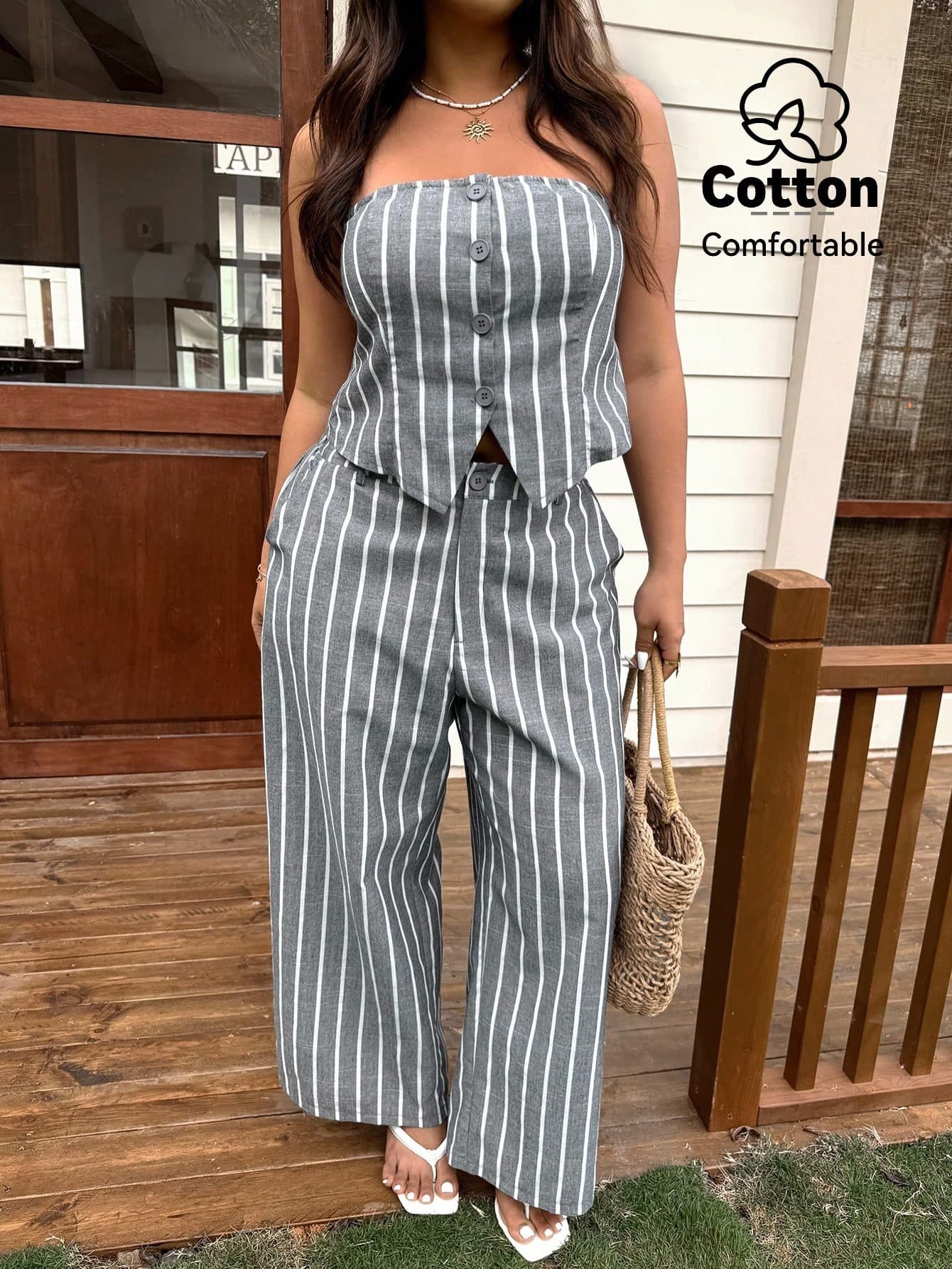 SHEIN EZwear Plus Size Women Striped Single-Breasted Camisole Top And Pants Fashion 2 Pieces Set Women Vacation Outfit Sets Strapless Jumpsuits For Woman