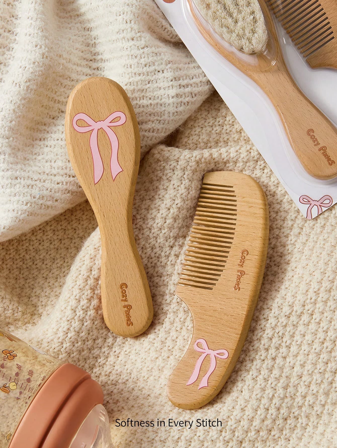 Cozy Pixies Baby Care Tools Two-Piece Set Soft Hair Comb Brush, Wool Bow Wooden Comb Brush, Gently Remove Hair Tangles, Newborn Comb Brush