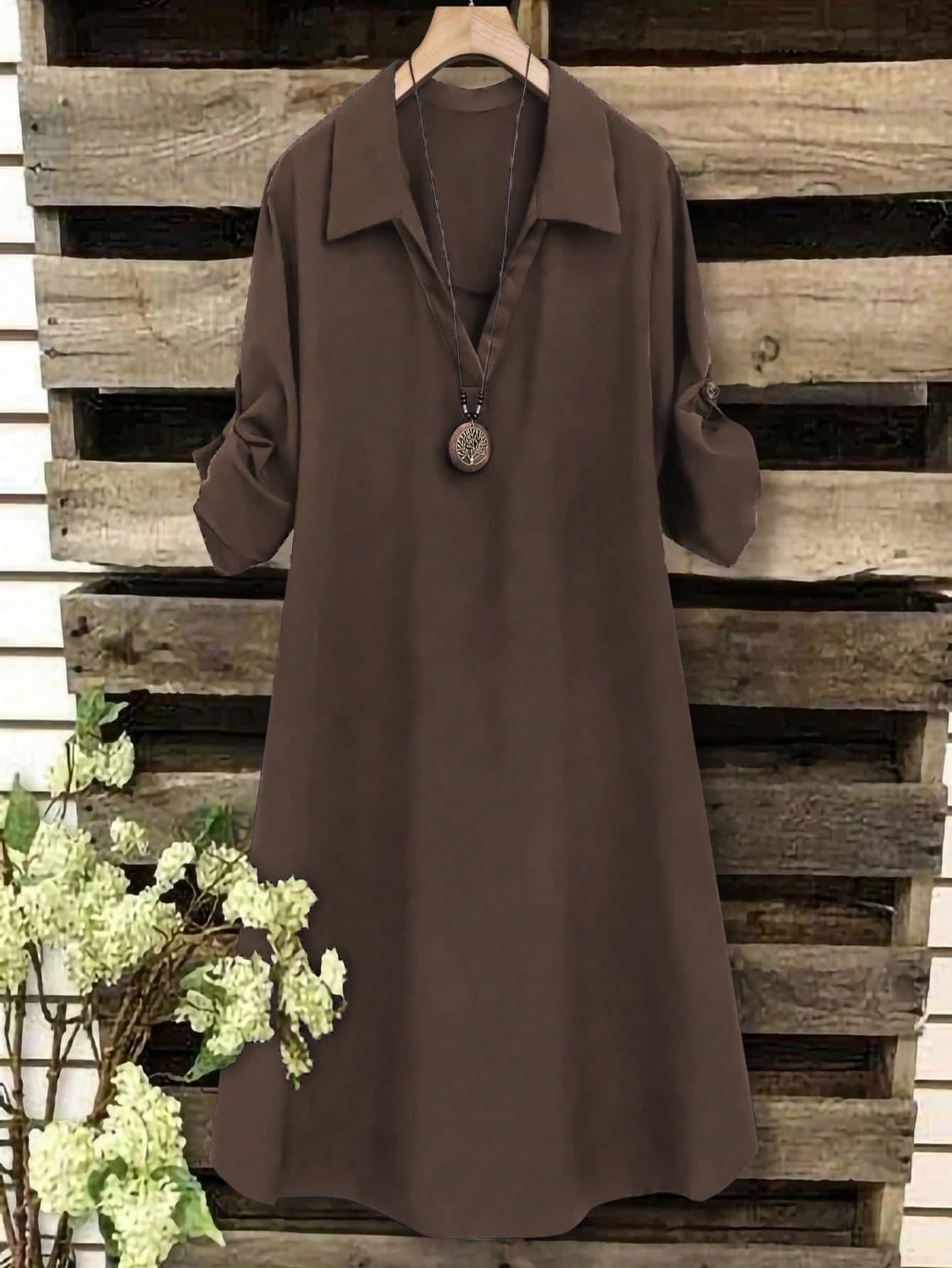 SHEIN Tall CURVE Plus Size Women's French Style V-Neck Short Sleeve Summer Dress, Brown, Autumn, Casual Business, Workwear Gym Brunch Formal Holiday Vacation
