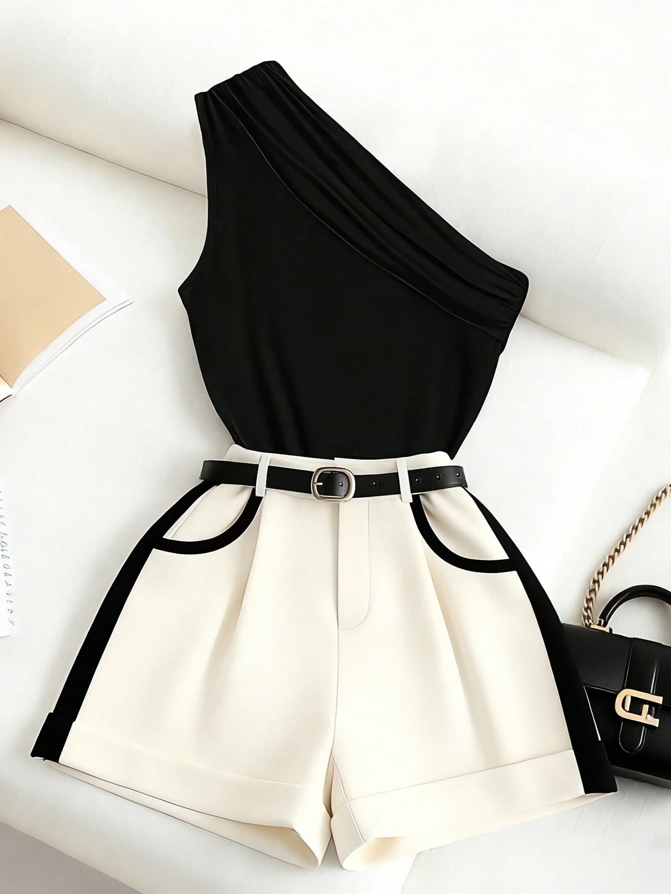 Franclia Women's 2 Pieces Set Suit,Elegant Black One-Shoulder Pleated Top And Black And White Color-Blocked Shorts,High Stretch Summer Brunch Outfits,Casual