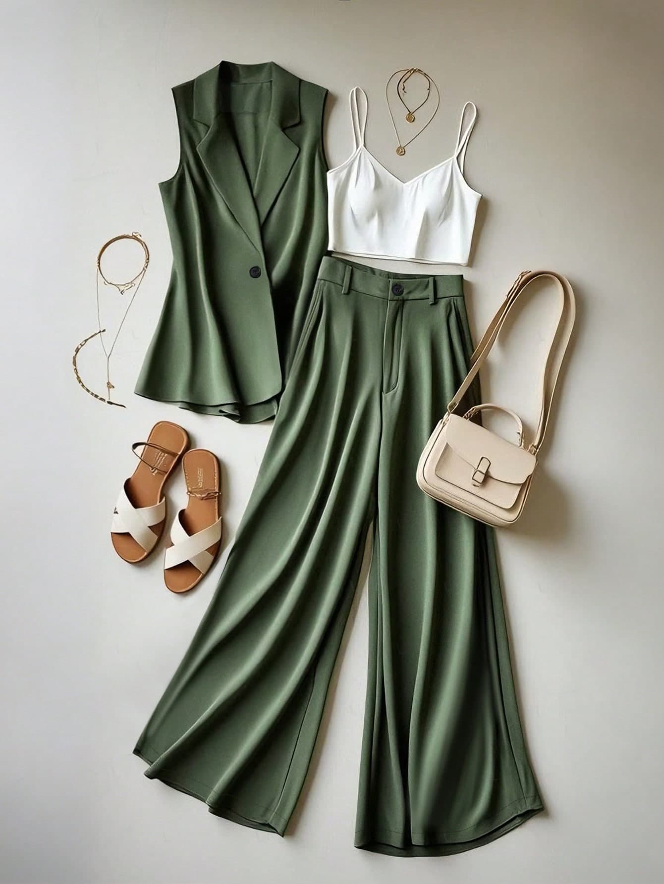 Franclia Women's Elegant Summer Green And White 3-Piece Set,Casual Commuter Suit With Short-Sleeved Jacket,Wide-Leg Trousers & Slim Fit Camisole For Tea Party