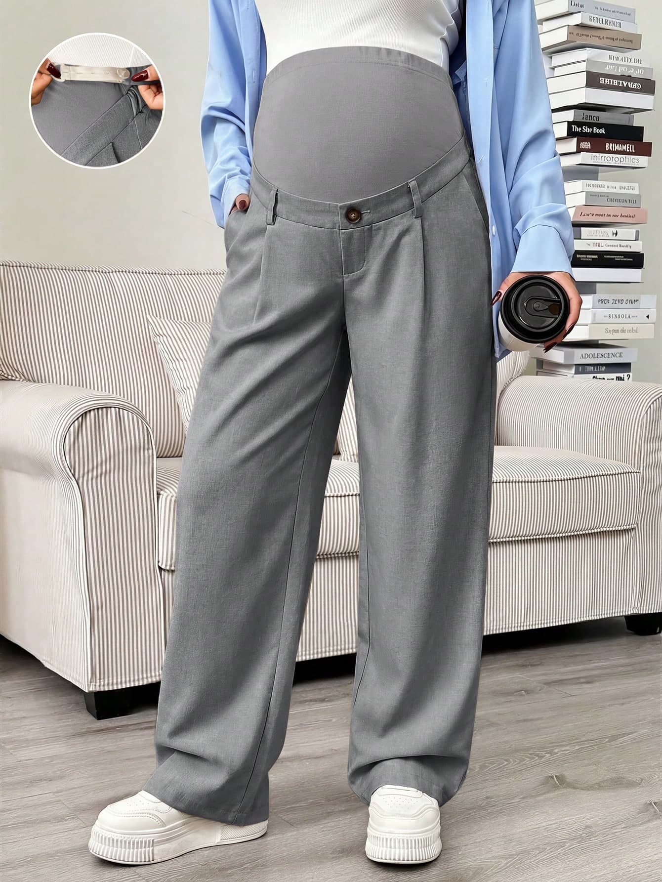 SHEIN Maternity Solid Color Adjustable Waist Pleated Loose Casual Pants Fall