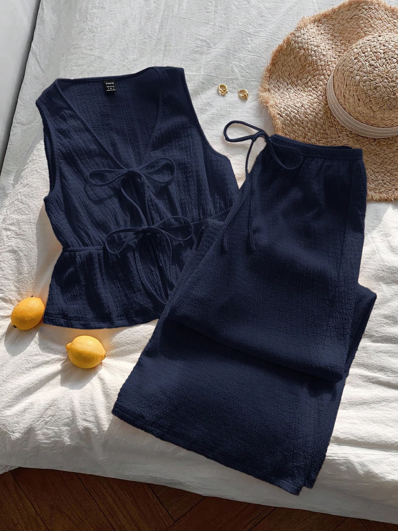 SHEIN EZwear Plus Size Navy V-Neck Knotted Camisole And Pants Casual 2 Pieces Set