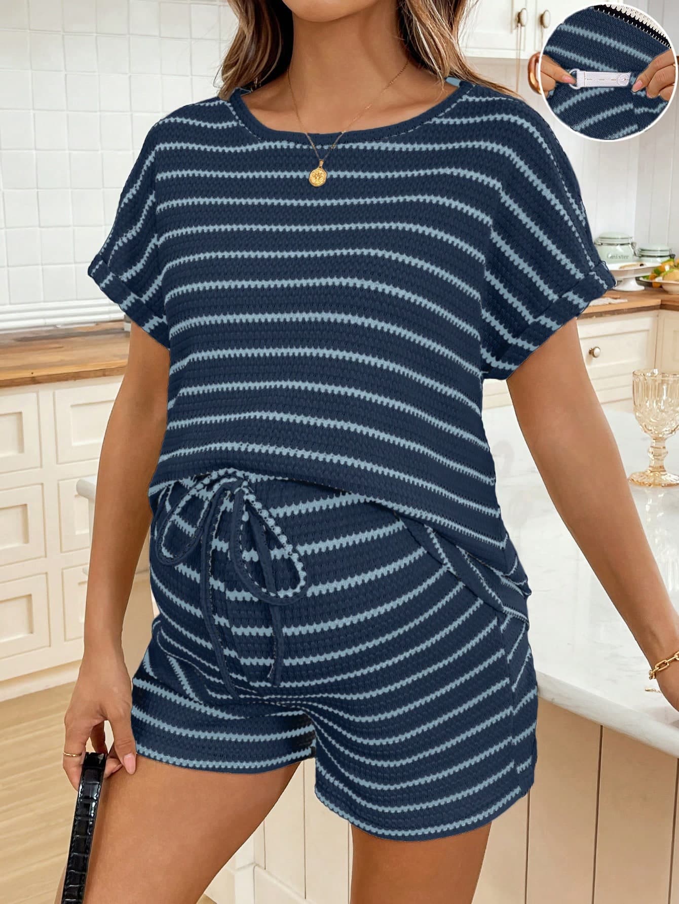 SHEIN Striped Round Neck Batwing Sleeve Casual Loose Summer Versatile Maternity 2 Pieces Set World Cup