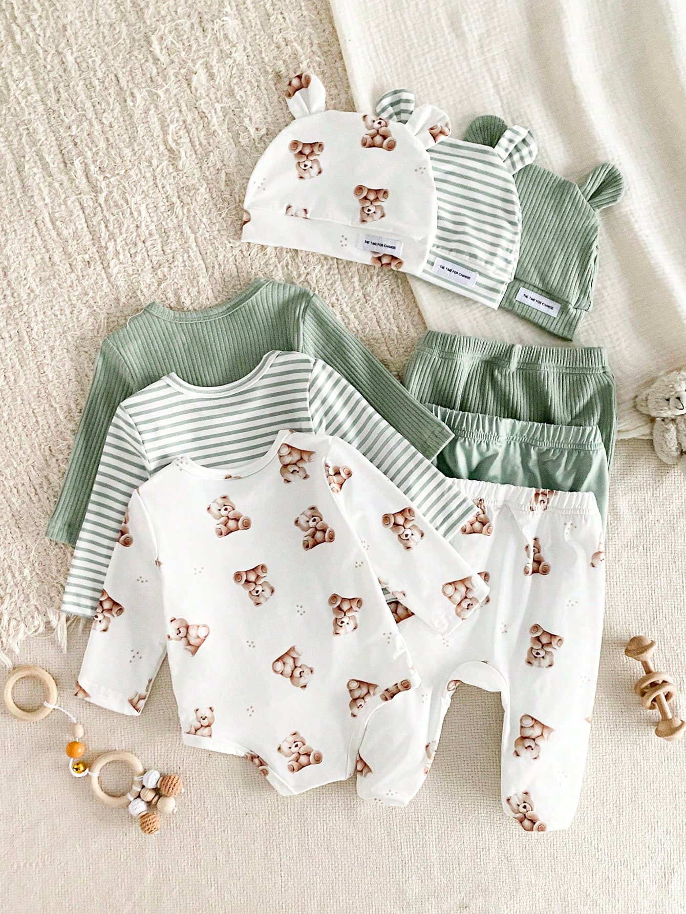 6pcs/3Set Newborn Baby Outfit, Cute Cartoon Bear & Striped Print, Includes Romper, Jumpsuit, Pants, And Hat, Infant Clothing Set