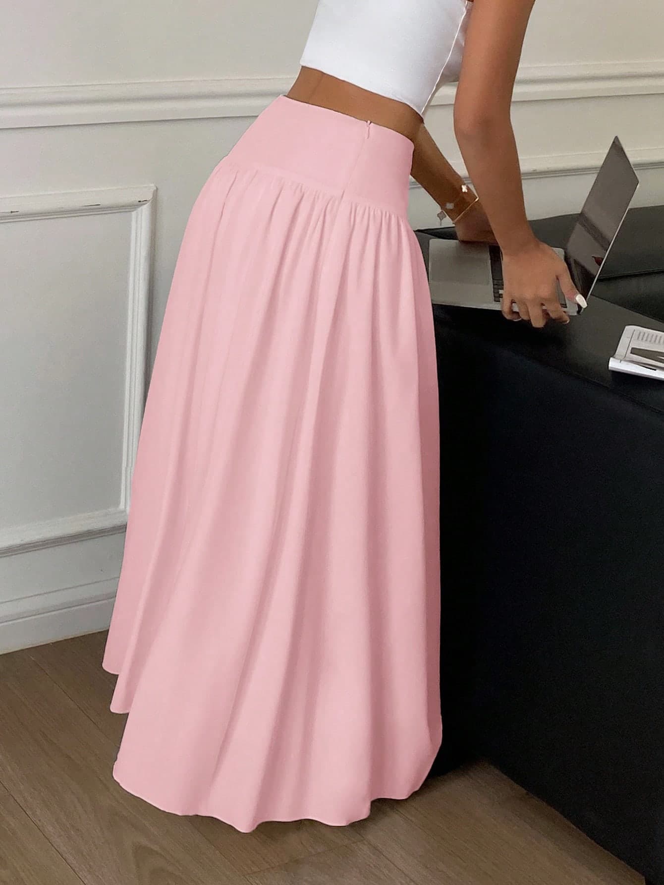 Serisse Women's Solid Color High Waist Side Zipper Design Casual Long Skirt