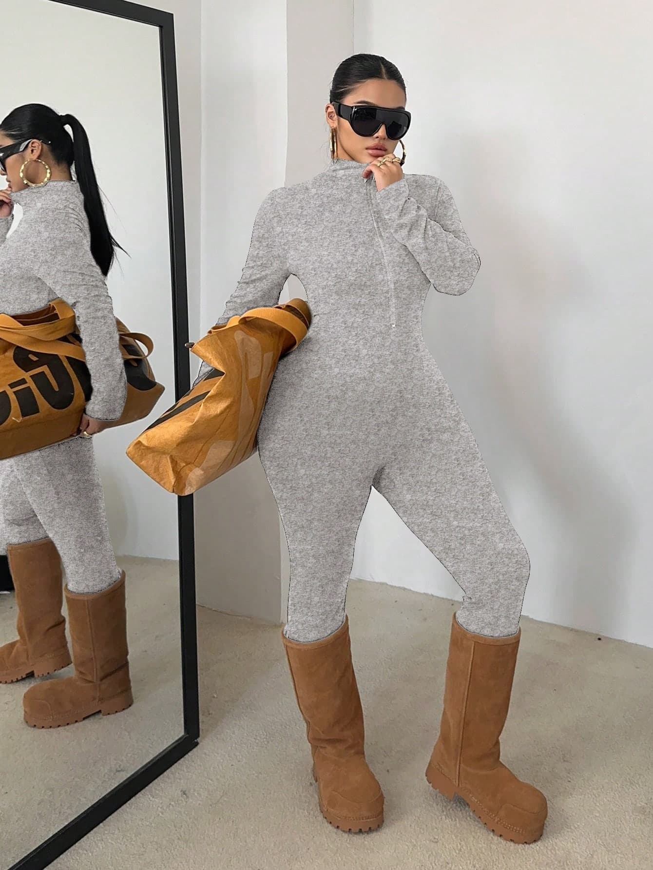 POPSWAY Plus Size Grey Long Sleeve & Pants Jumpsuit For Woman,Front Zipper Waist Cinched Slim Fit Solid Color,Autumn Smart Casual Vacation Loungewear Overall