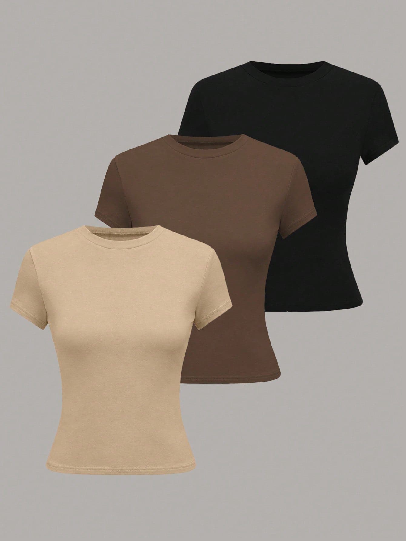 Plivvot Women's 3 Pack Solid Color Round Neck Short Sleeve T-Shirt,Beige Summer Casual Everyday Versatile Basic Plain Tops Tee Shirts For Work