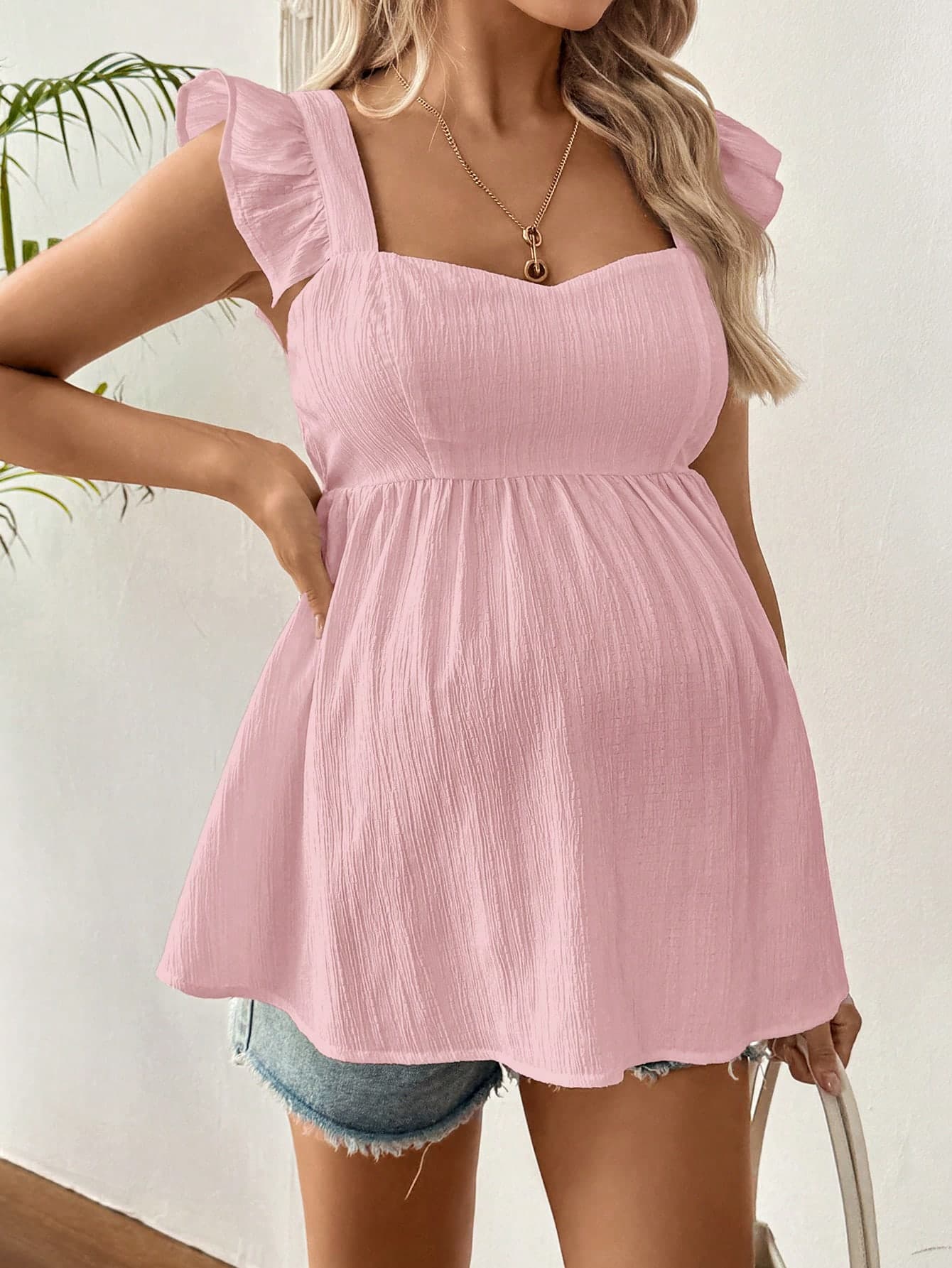 SHEIN Maternity Solid Color Pleated Casual Versatile Daily Wear Cap Sleeve Shirt