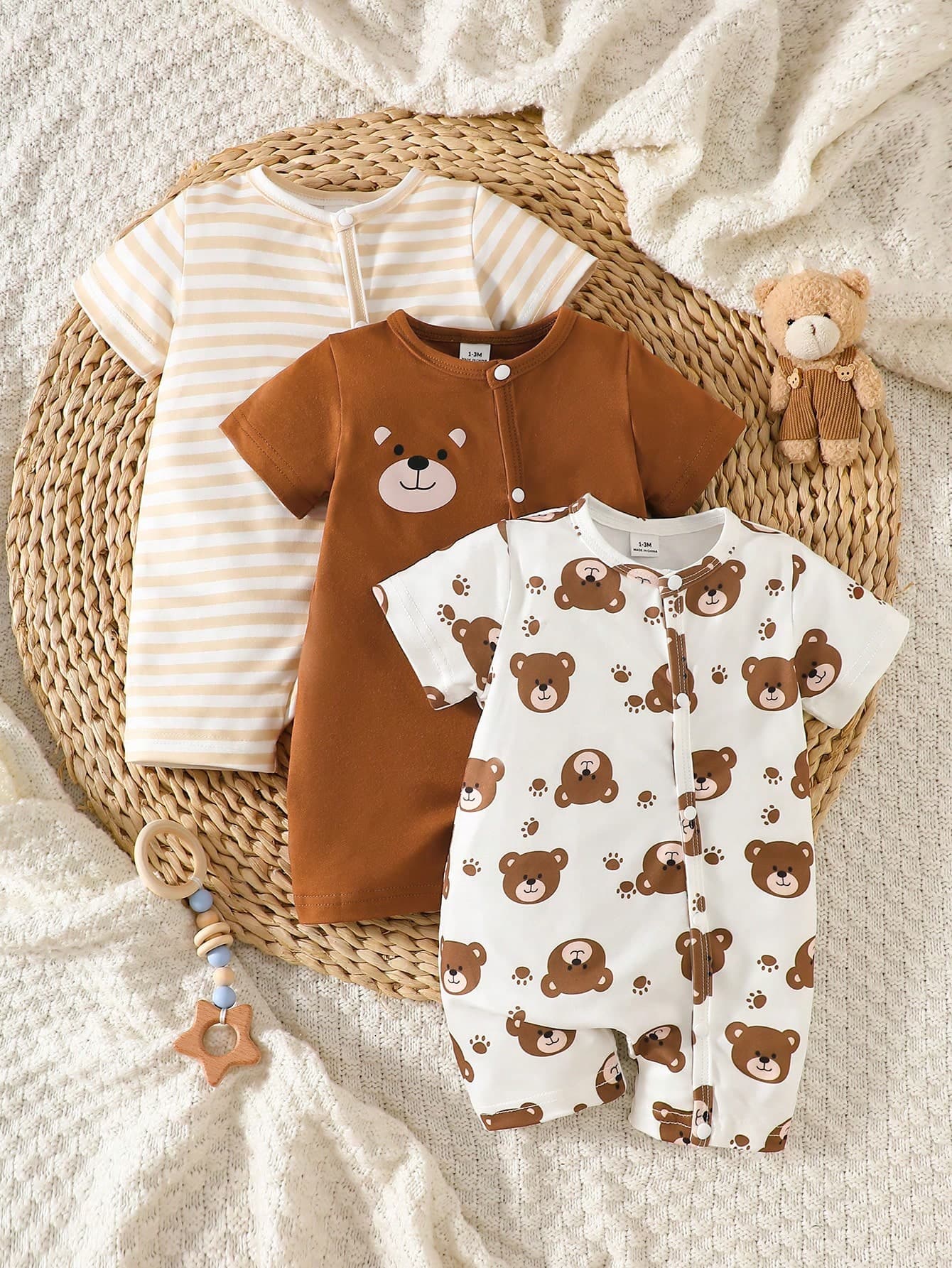 SHEIN 3pcs Newborn Baby Boy Cartoon Bear Striped Romper Shorts Set Brown And White Polka Dot Summer Casual Cute Family Matching Gender Neutral Clothes