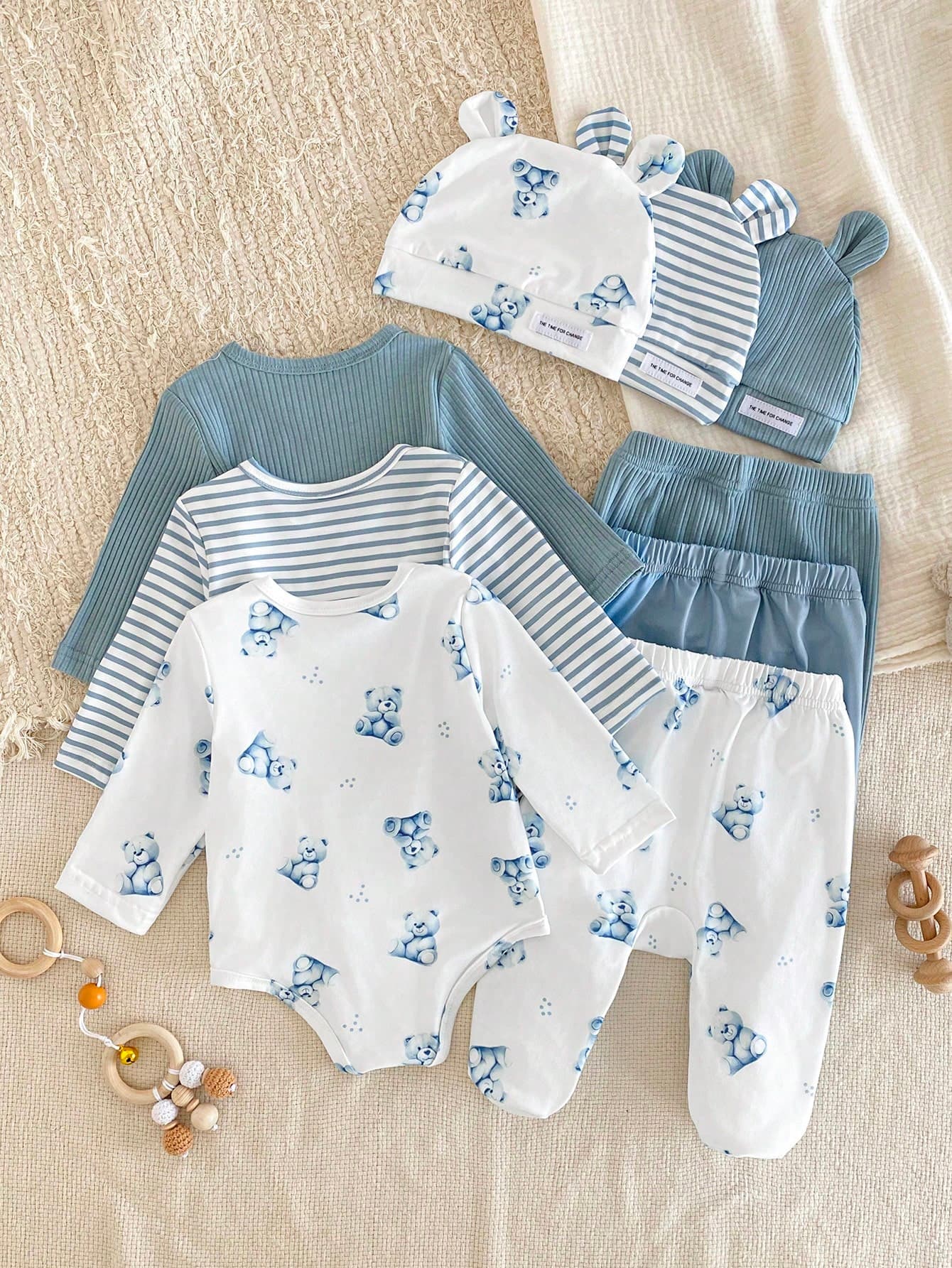 6pcs/3Sets Newborn Baby Outfit, Cute Cartoon Bear & Striped Print, Includes Romper, Jumpsuit, Pants, And Hat, Infant Clothing Set
