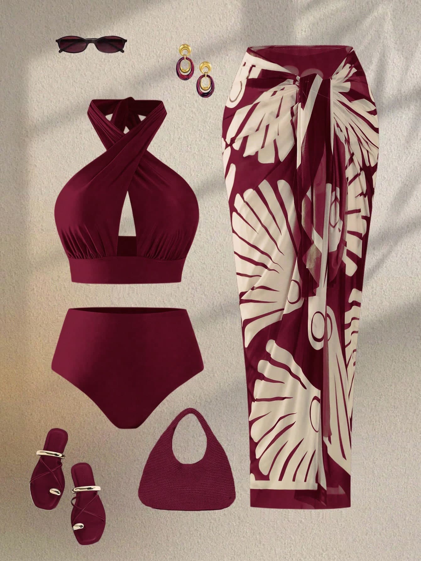 Swim Oasis Plus Size Women Red Burgundy Criss-Cross Halter Hollow Out Top High Waist Bikini Set  Patterned Mesh Maxi Dress,Satin Summer Beach Vacation Holiday