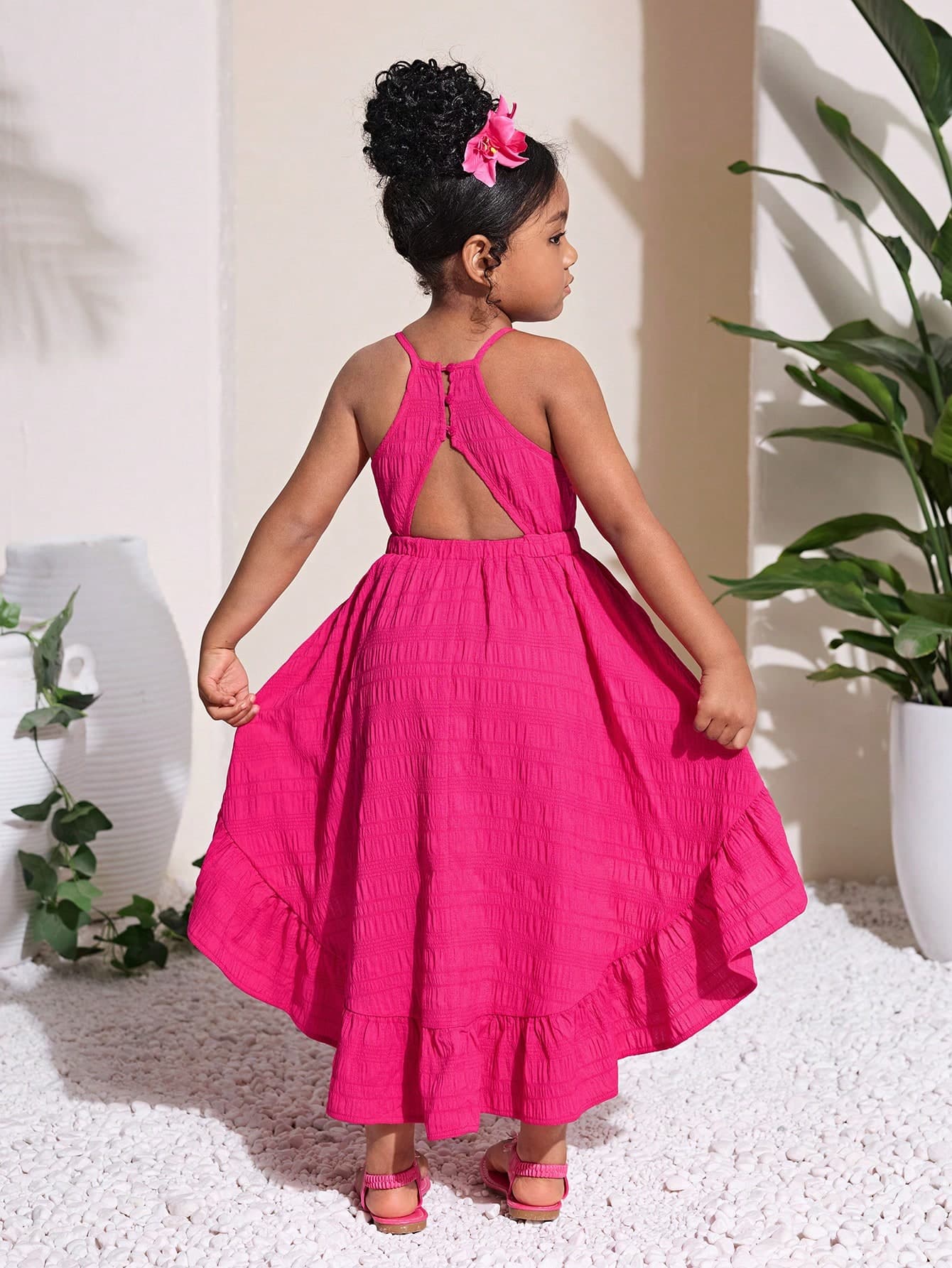 Young Girls Backless Long Waist Cinched Dress,Cerise Pink,Summer,First Birthday,Holiday,Casual Fashionable Versatile For Party Outing Photo Shoot