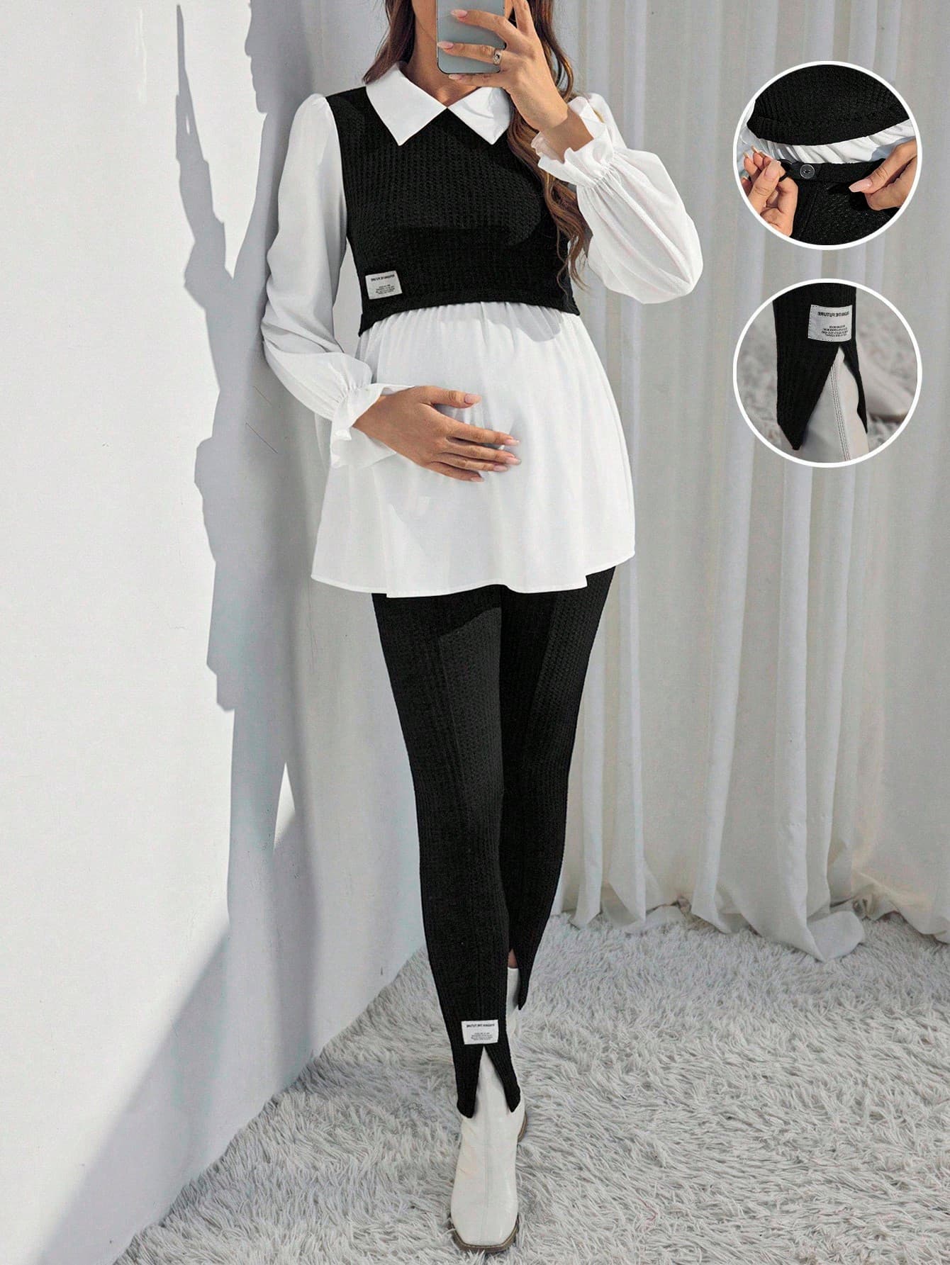 SHEIN Maternity Spring And Summer New Fashion Casual Contrast Color Stitching Long Sleeve 2-Piece Set Fall
