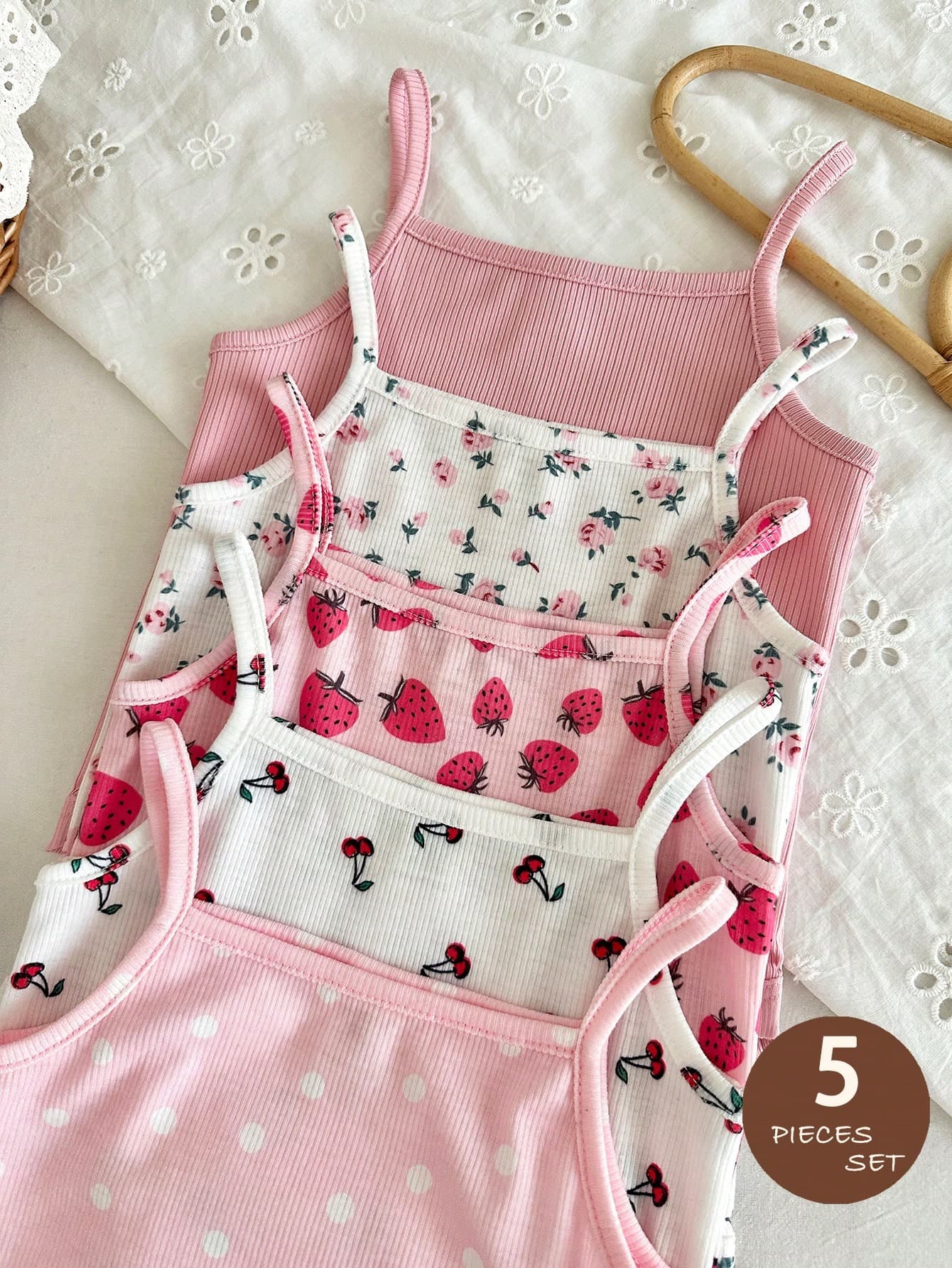 LMoss Kids 5pcs/Set Baby Girl Girls' Casual Soft Stretchy Solid Color Knit Cami Bodysuit, Suitable For Summer Wear