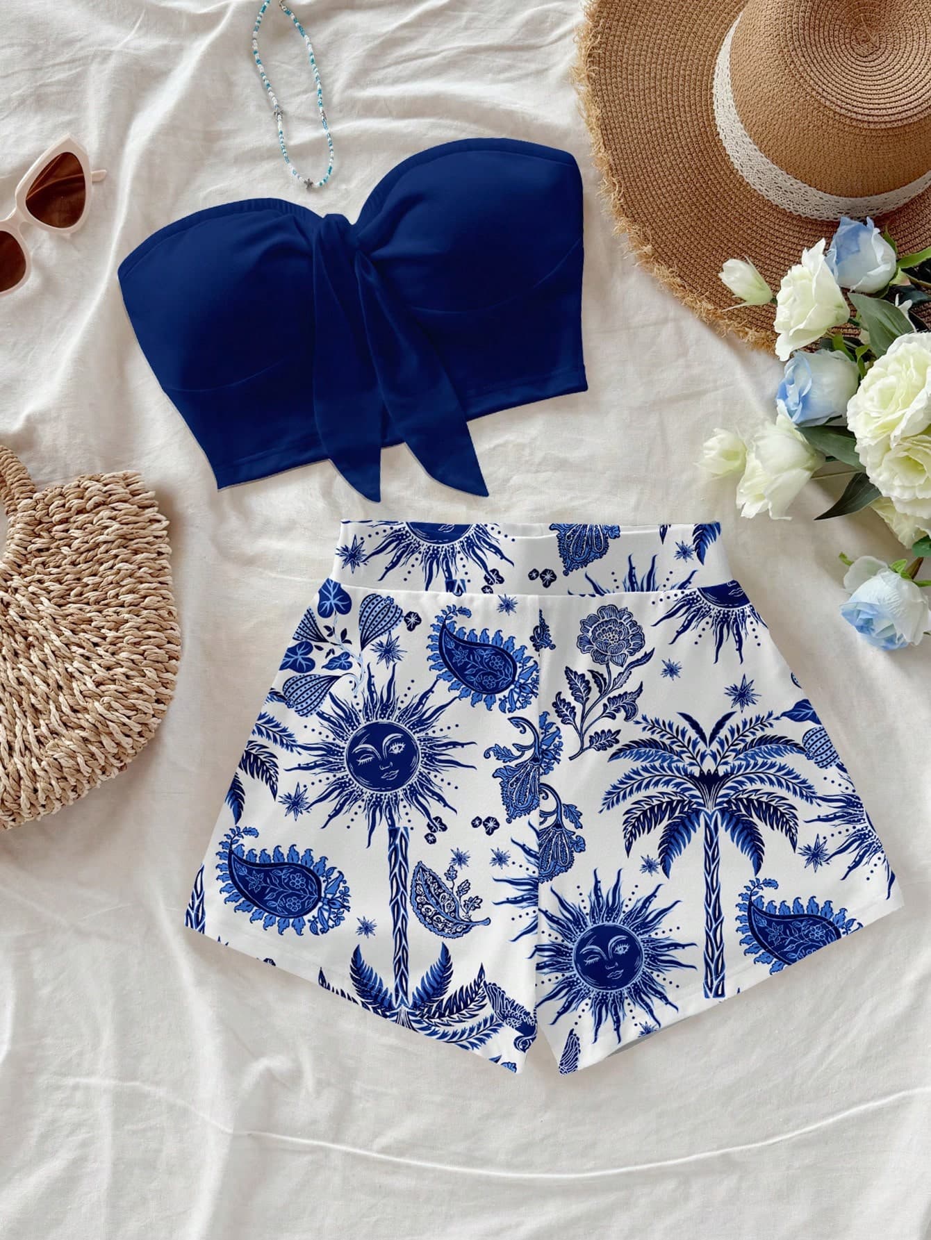 Soleia Women's Vacation Casual Solid Color Bandeau Top And Tropical Print Shorts 2-Piece Set