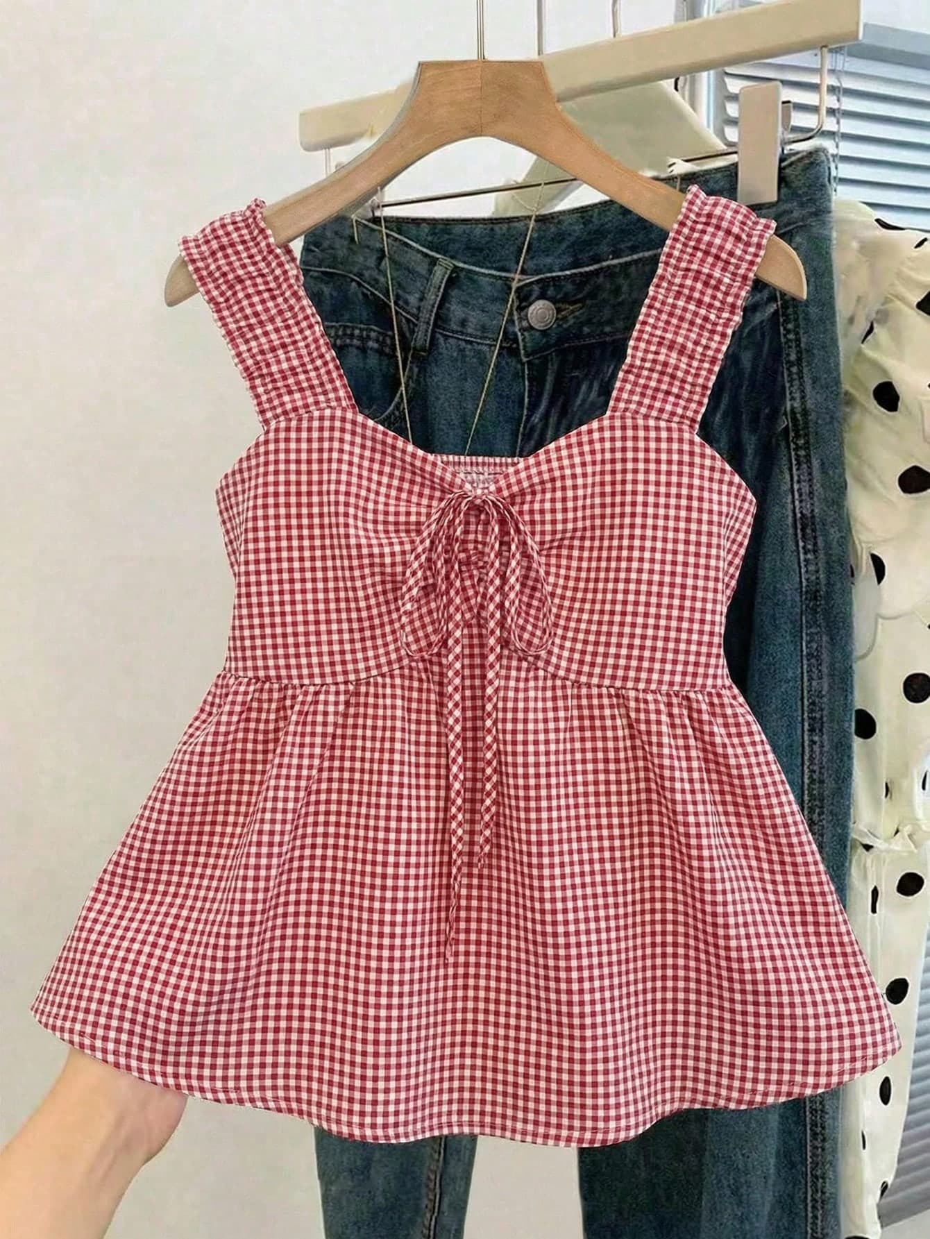 SHEIN Franclia Women Red And White Plaid Summer Cottage Core Cute Picnic Cami Top,Aesthetic Ruched Front Peplum Hem Sleeveless Blouse,Y2K Ruffle Trim Slim Fit Tank