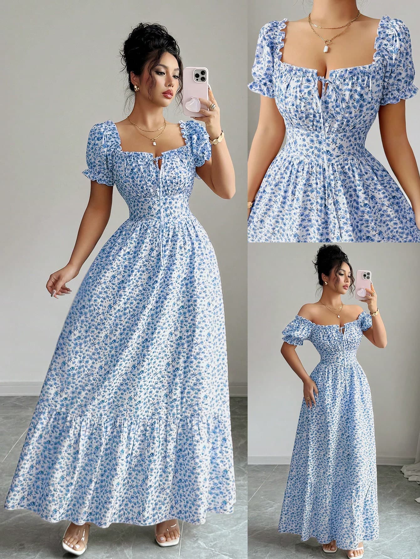 Elenzga New Women's Digital Print Puff Sleeve Tie Front Backless Waist Cinched Dress, Elegant & Chic For Vacation, Date, Flattering & Slimming