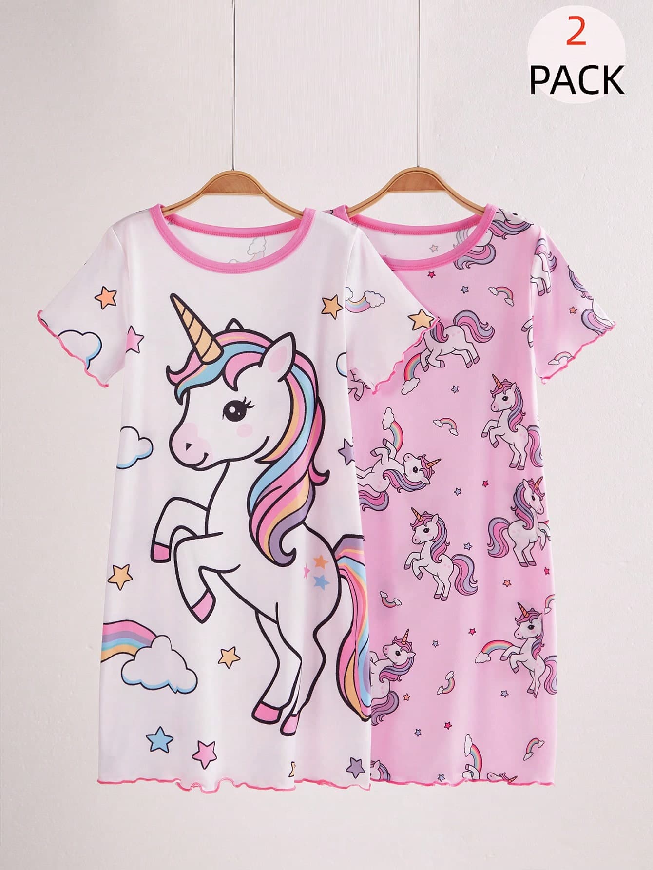 2pcs Young Girls' Unicorn,Cloud,Rainbow & Star Print Pink Fairy Family Matching Short Sleeve Nightgown,Contrast Ruffle Hem,Soft Stretchy Pajamas