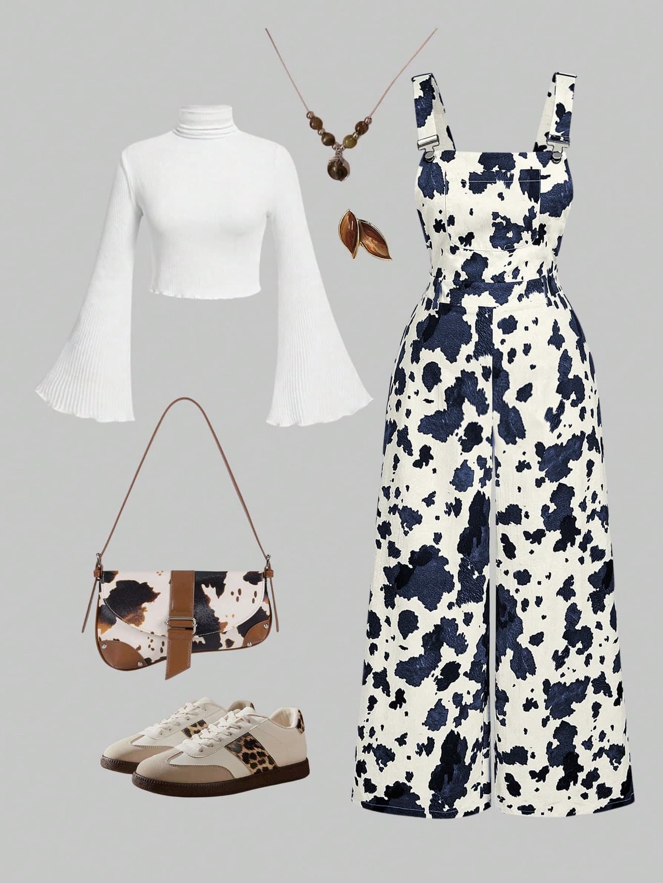 SHEIN MOD Plus Size Women's Cow Print Jumpsuit Set,Black And White,Summer,Elegant,Girlism,Everyday Casual Long Adjustable Strap Bib Overall Pants Outfit