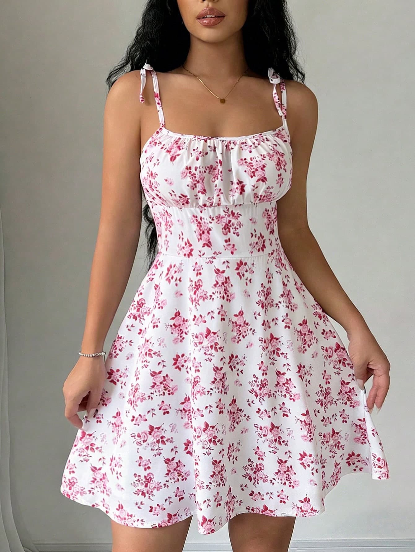 Rafferiza Ladies' Spaghetti Strap Tie-Back Floral Print Pleated Cami Dress Mini Short Women Outfit