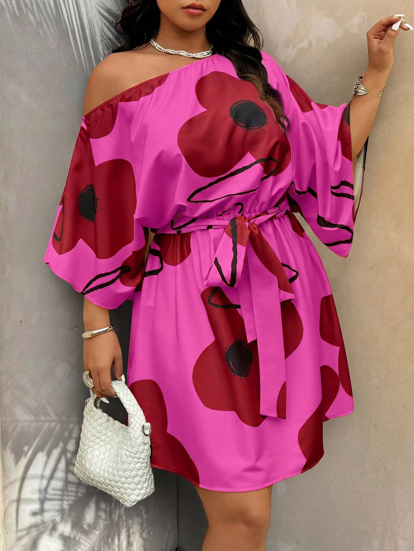 SHEIN LUNE Plus Size Women Floral Print Asymmetrical Shoulder Batwing Sleeve Casual Vacation Dress