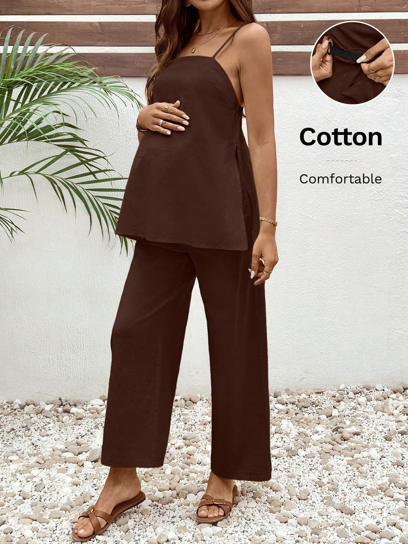 SHEIN 2pcs Maternity Vacation Solid Color Side Slit Hem Camisole Top And Adjustable Waist Pants Set