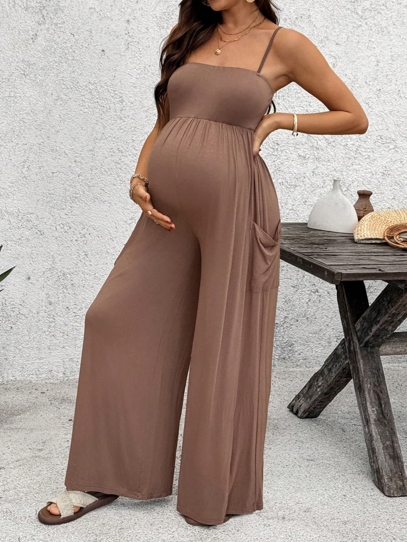 SHEIN Coffee Brown Halter-Neck Maternity Jumpsuit,High-Elastic Knit Pleated Casual Outfits,Summer,Smart Casual,Babyshower,Maternity Solid Color Daily Travel