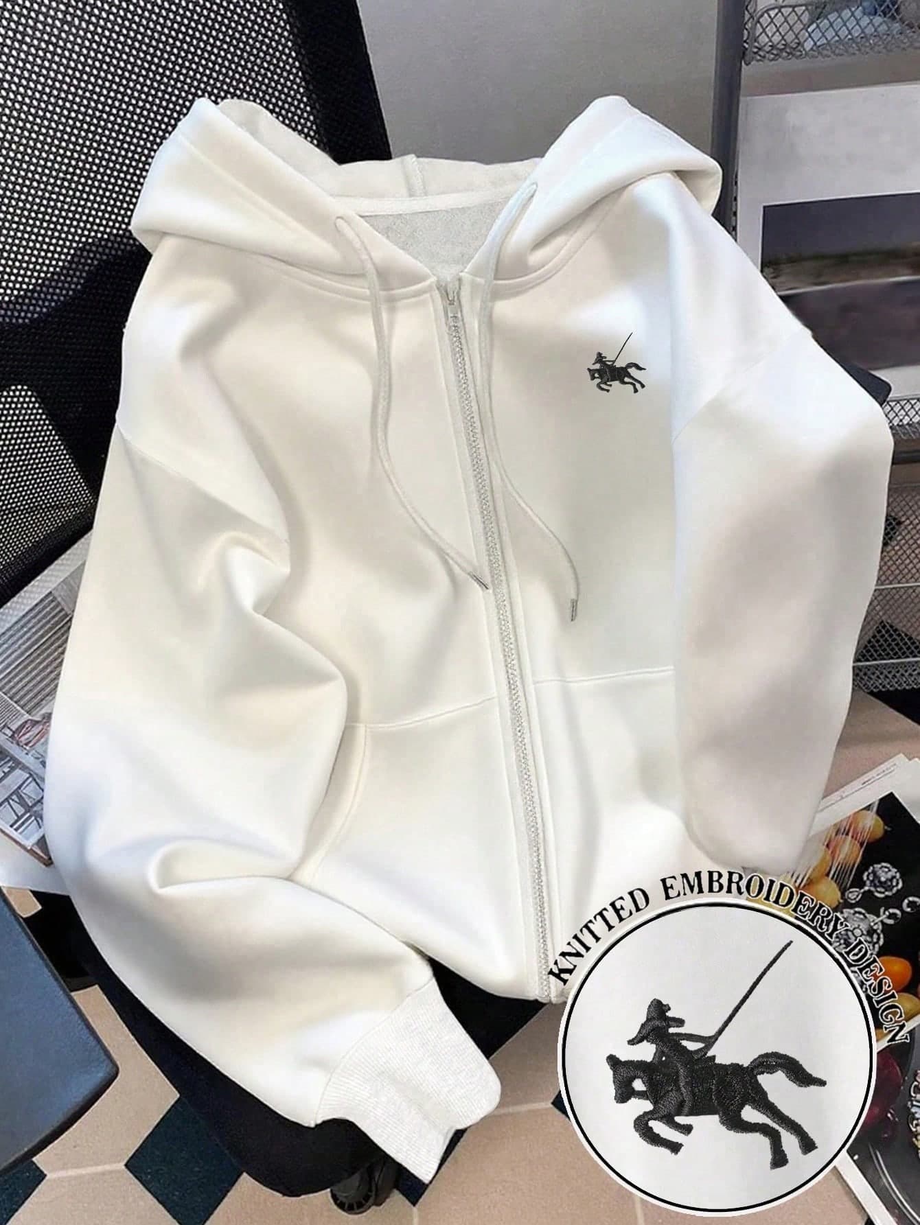 Franclia Classic White Zip-Up Jacket,Plus Size Women's Outerwear,Horse Knight Embroidery Pattern,Black And White,Autumn,Casual,School,Back-To-School,Elegant