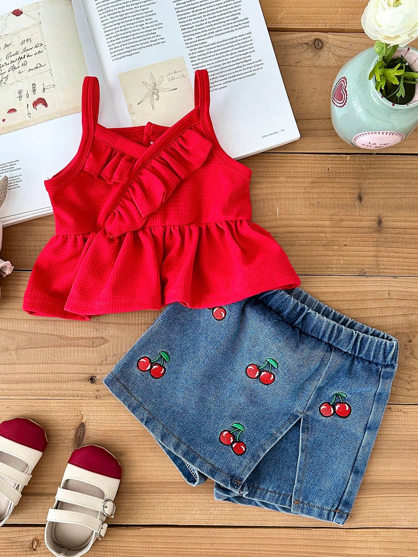 SHEIN 2pcs Baby Girls Cute Summer Vacation Outfit Red Halter Top With Ruffled Details & Cherry Embroidery Paired With Denim Culottes Skirt Set