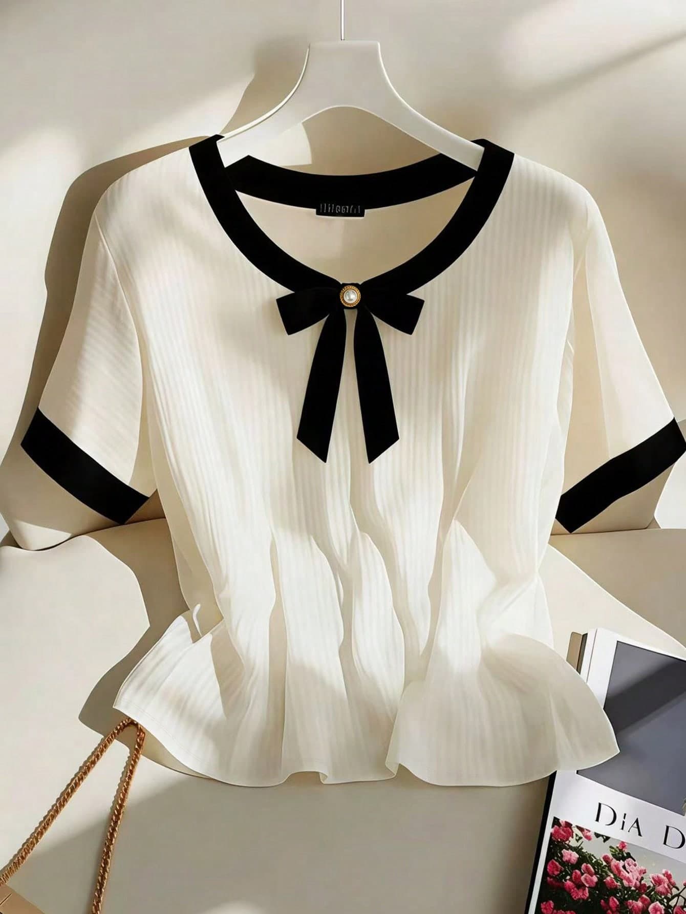 SHEIN Women's Colorblock Round Neck Short Sleeve Shirt With Bow Decor, Elegant